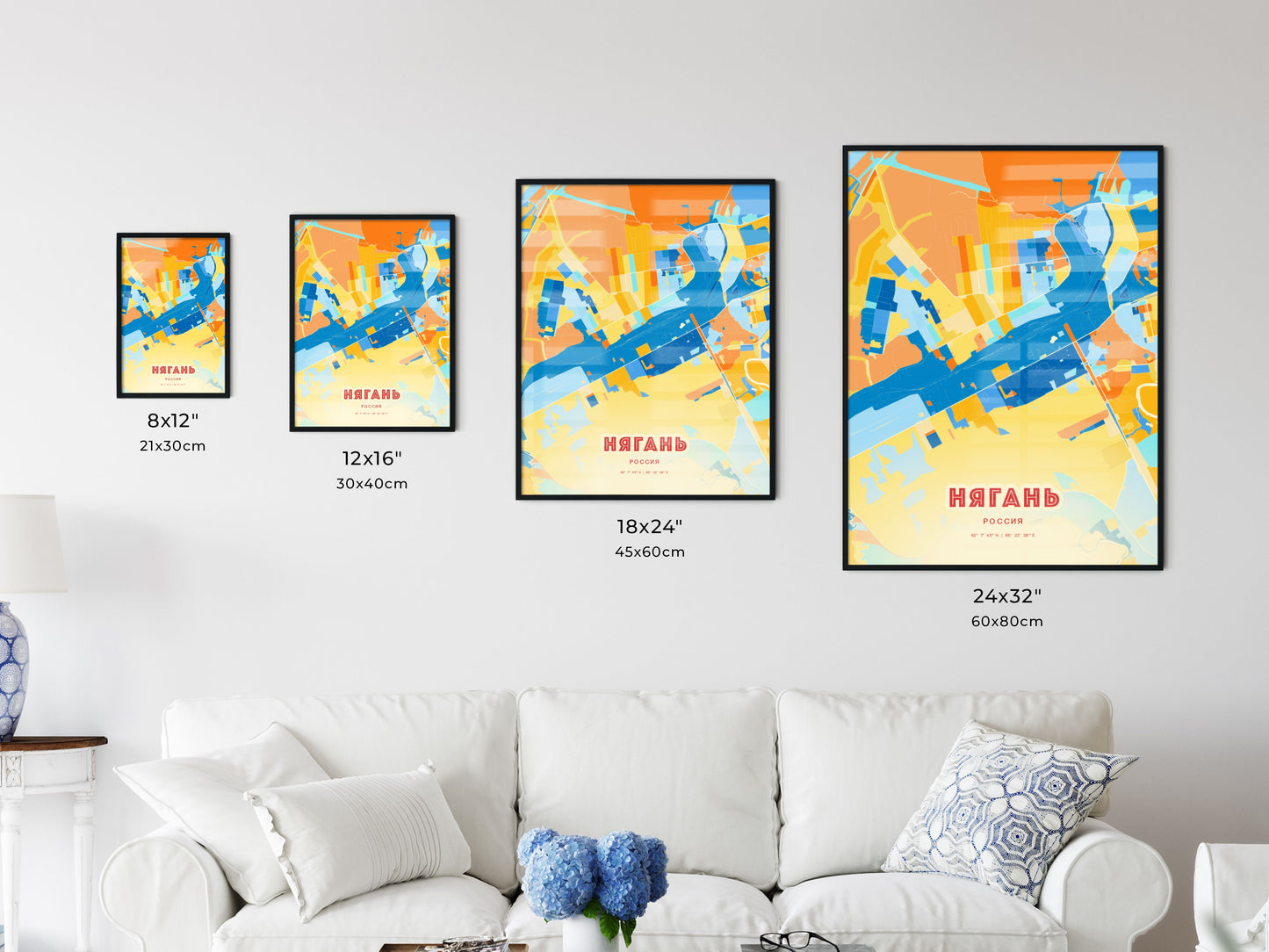 Colorful NYAGAN RUSSIA Fine Art Map Blue Orange