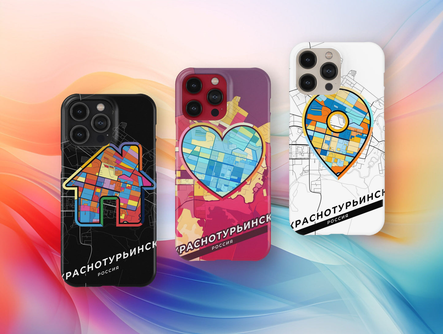 Krasnoturyinsk Russia slim phone case with colorful icon. Birthday, wedding or housewarming gift. Couple match cases.