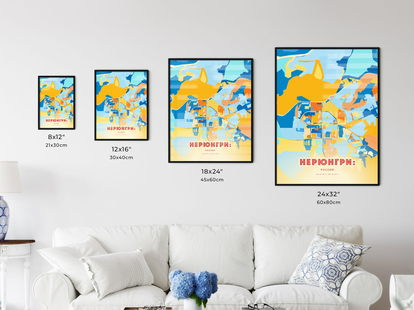 Colorful NERYUNGRI RUSSIA Fine Art Map Blue Orange