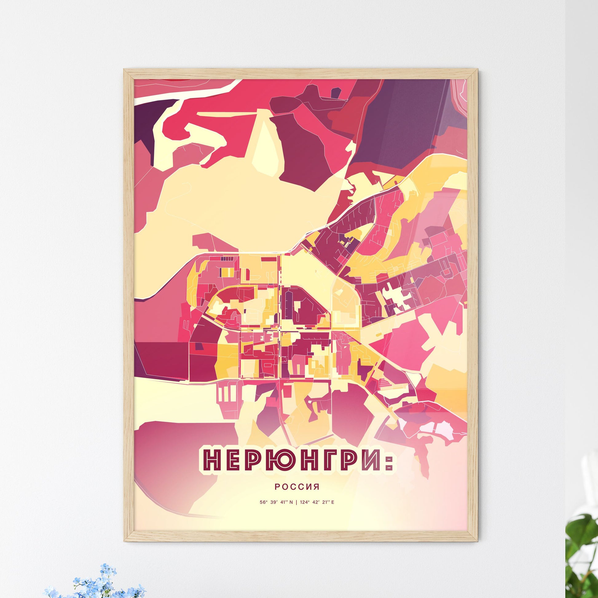 Colorful NERYUNGRI RUSSIA Fine Art Map Hot Red