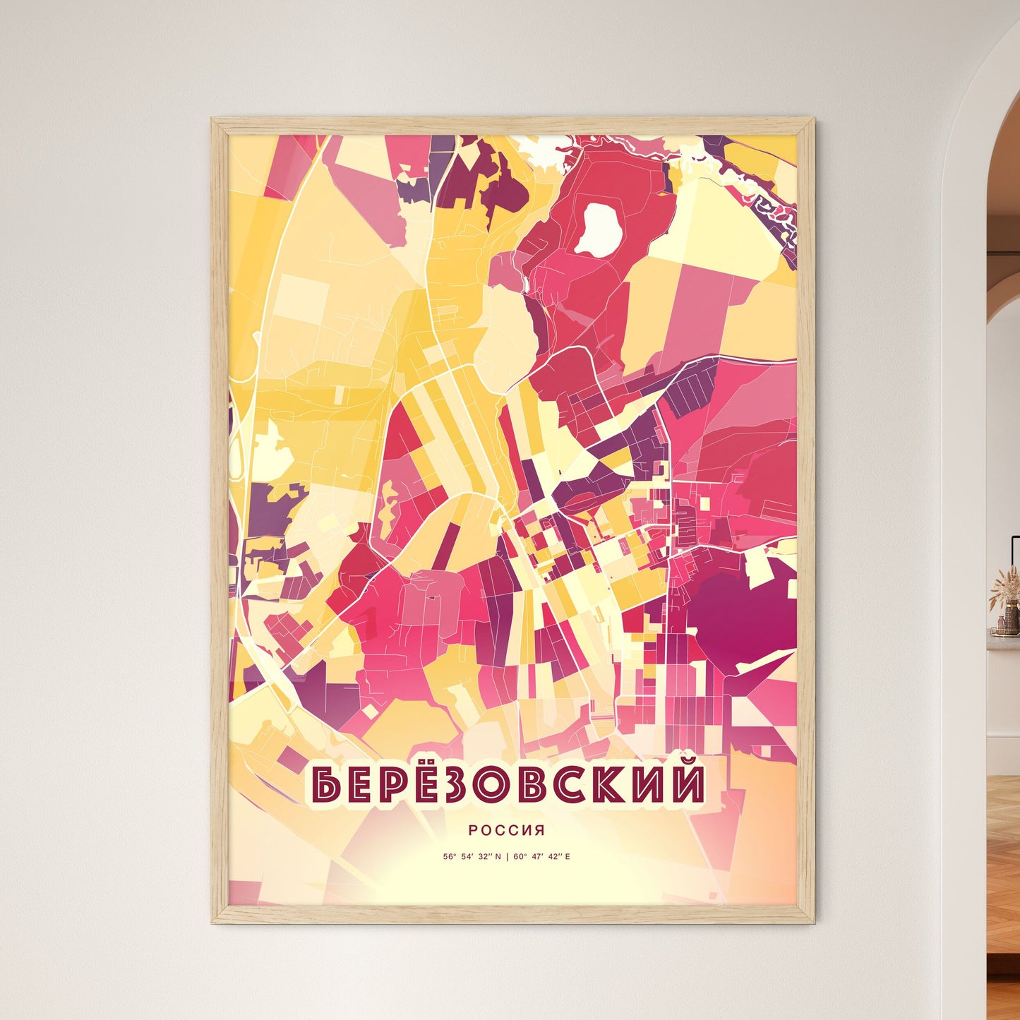 Colorful BERYOZOVSKY RUSSIA Fine Art Map Hot Red