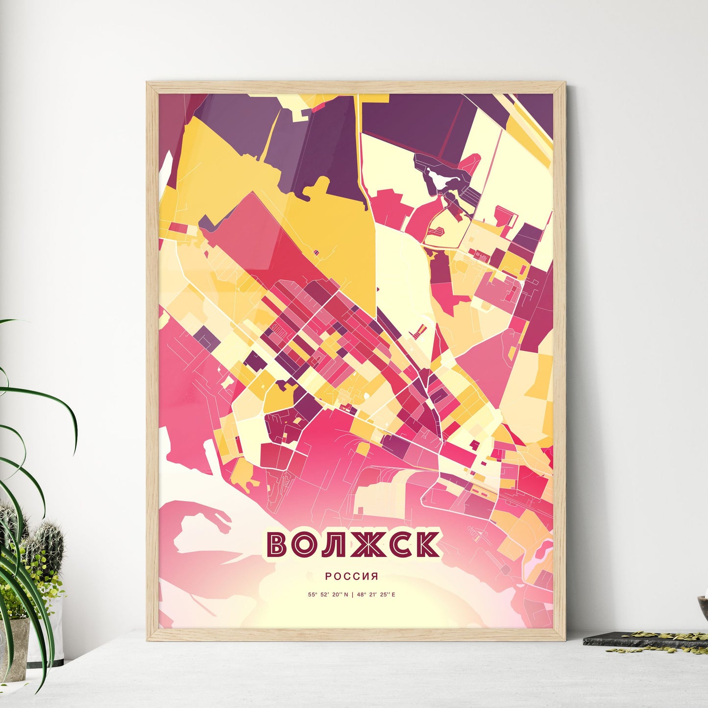 Colorful VOLZHSK RUSSIA Fine Art Map Hot Red