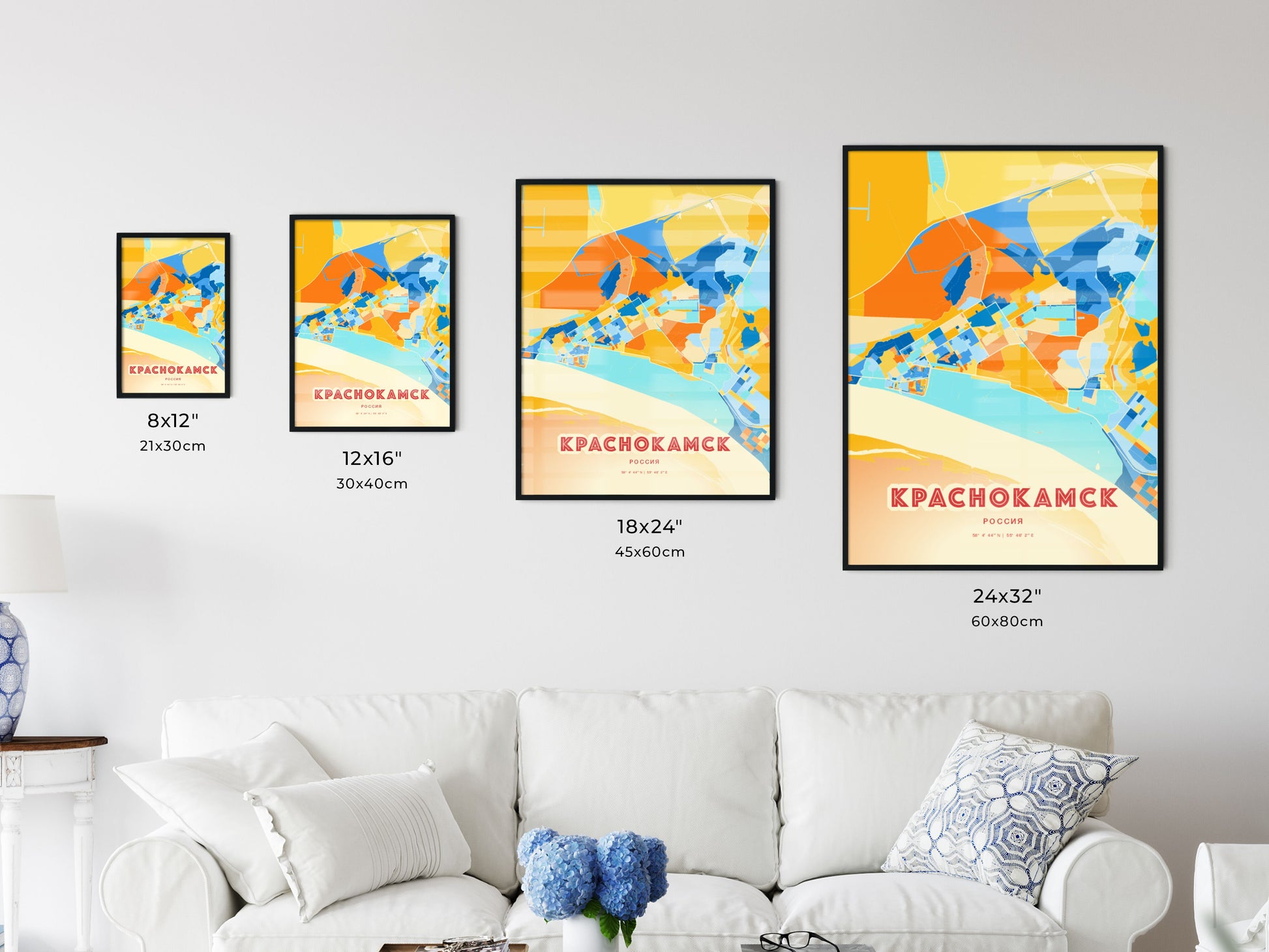 Colorful KRASNOKAMSK RUSSIA Fine Art Map Blue Orange