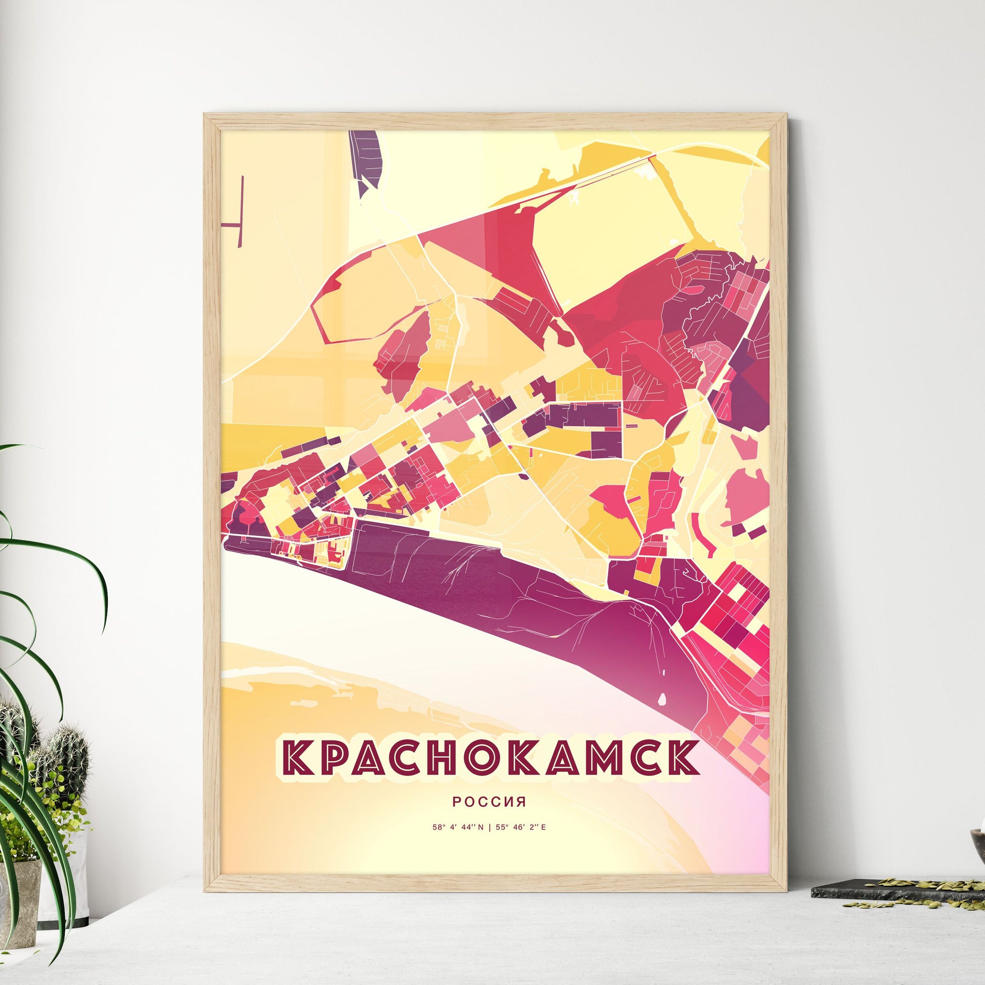 Colorful KRASNOKAMSK RUSSIA Fine Art Map Hot Red