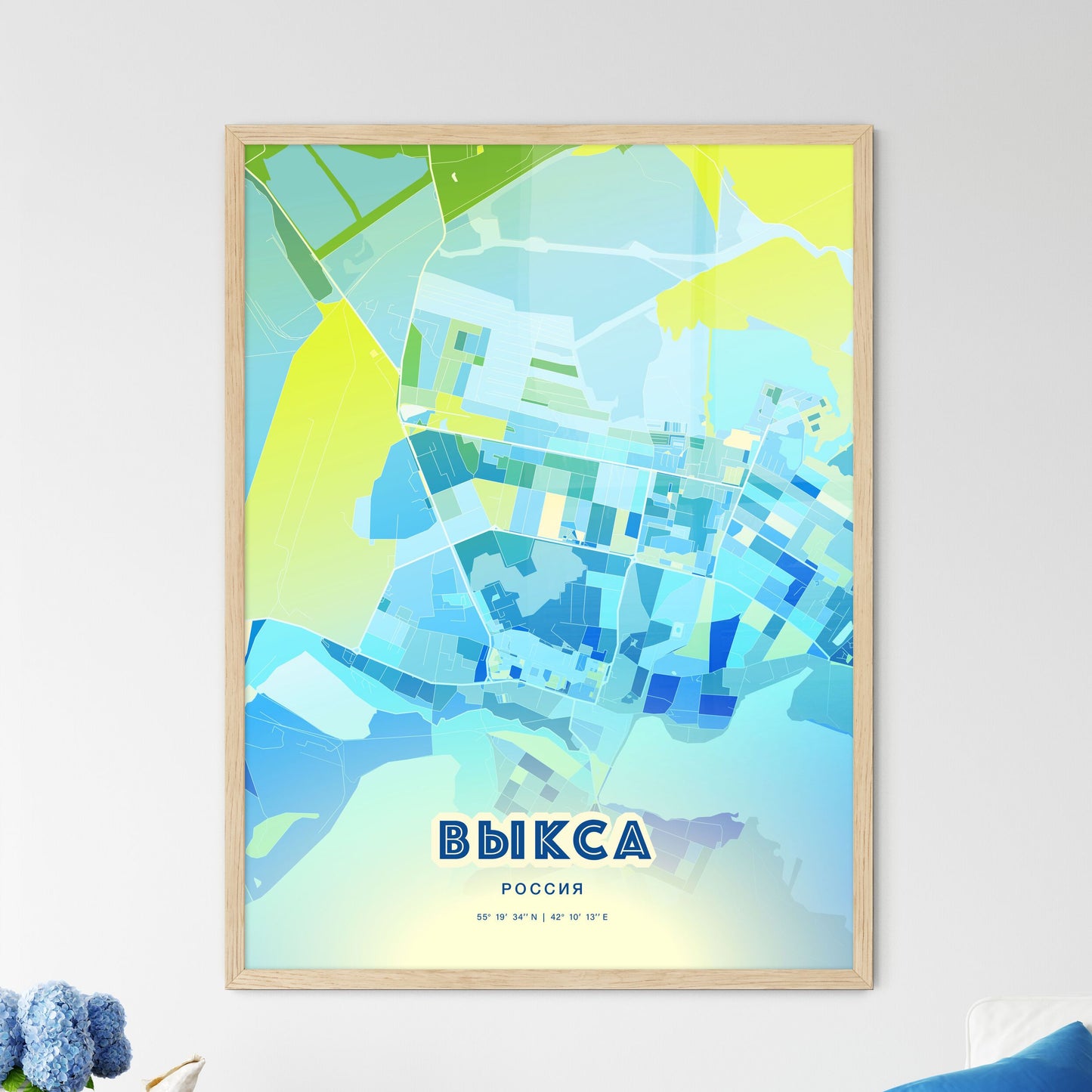 Colorful VYKSA RUSSIA Fine Art Map Cool Blue