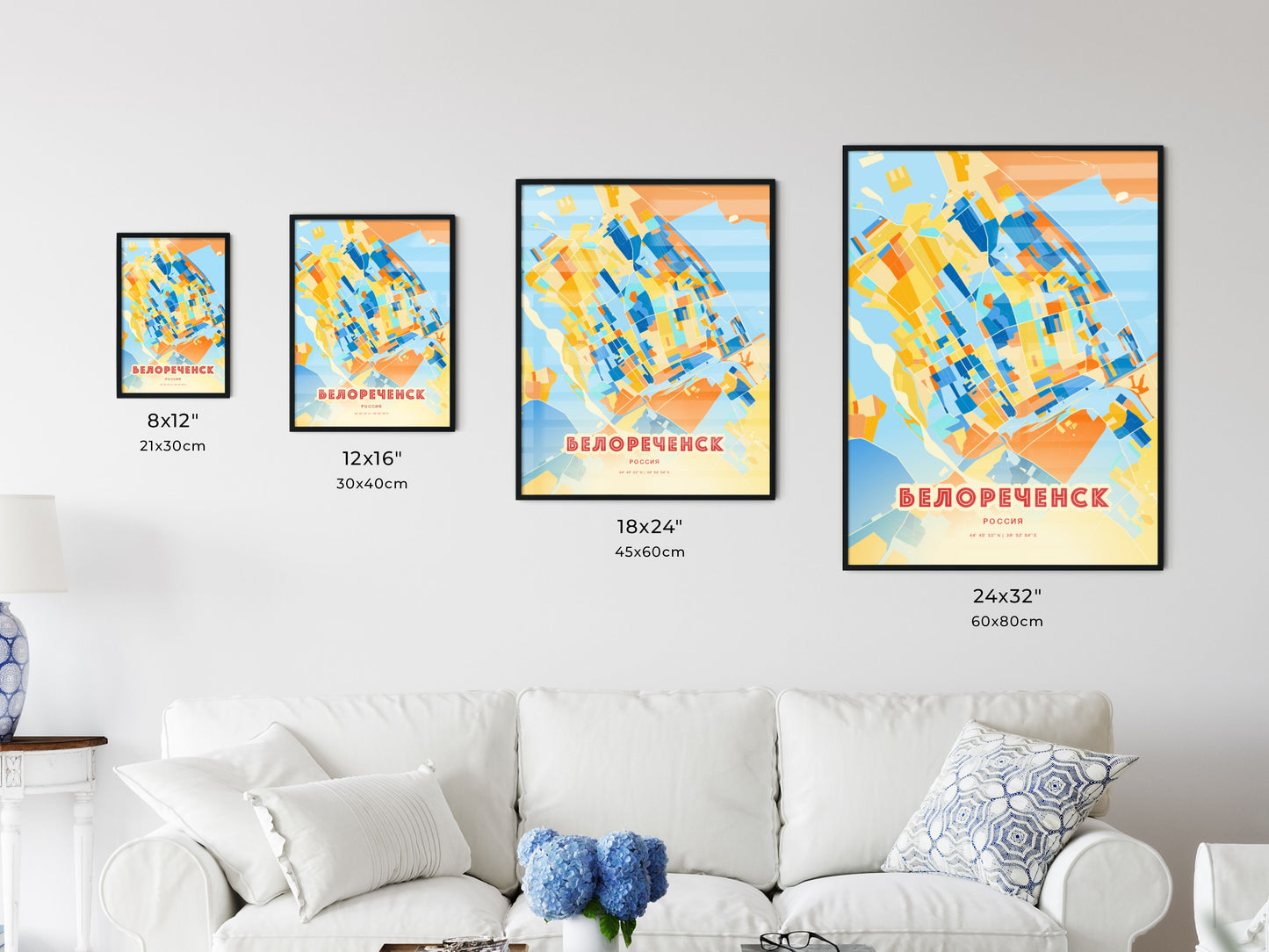 Colorful BELORECHENSK RUSSIA Fine Art Map Blue Orange