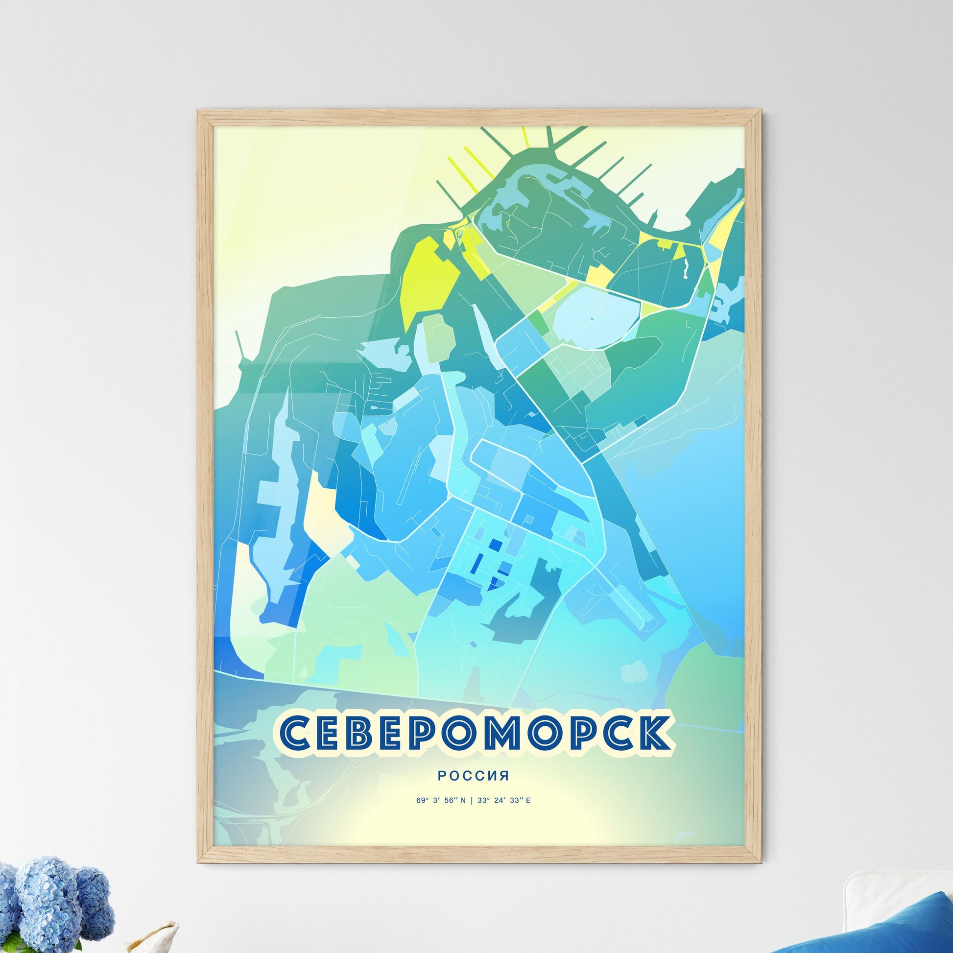 Colorful SEVEROMORSK RUSSIA Fine Art Map Cool Blue