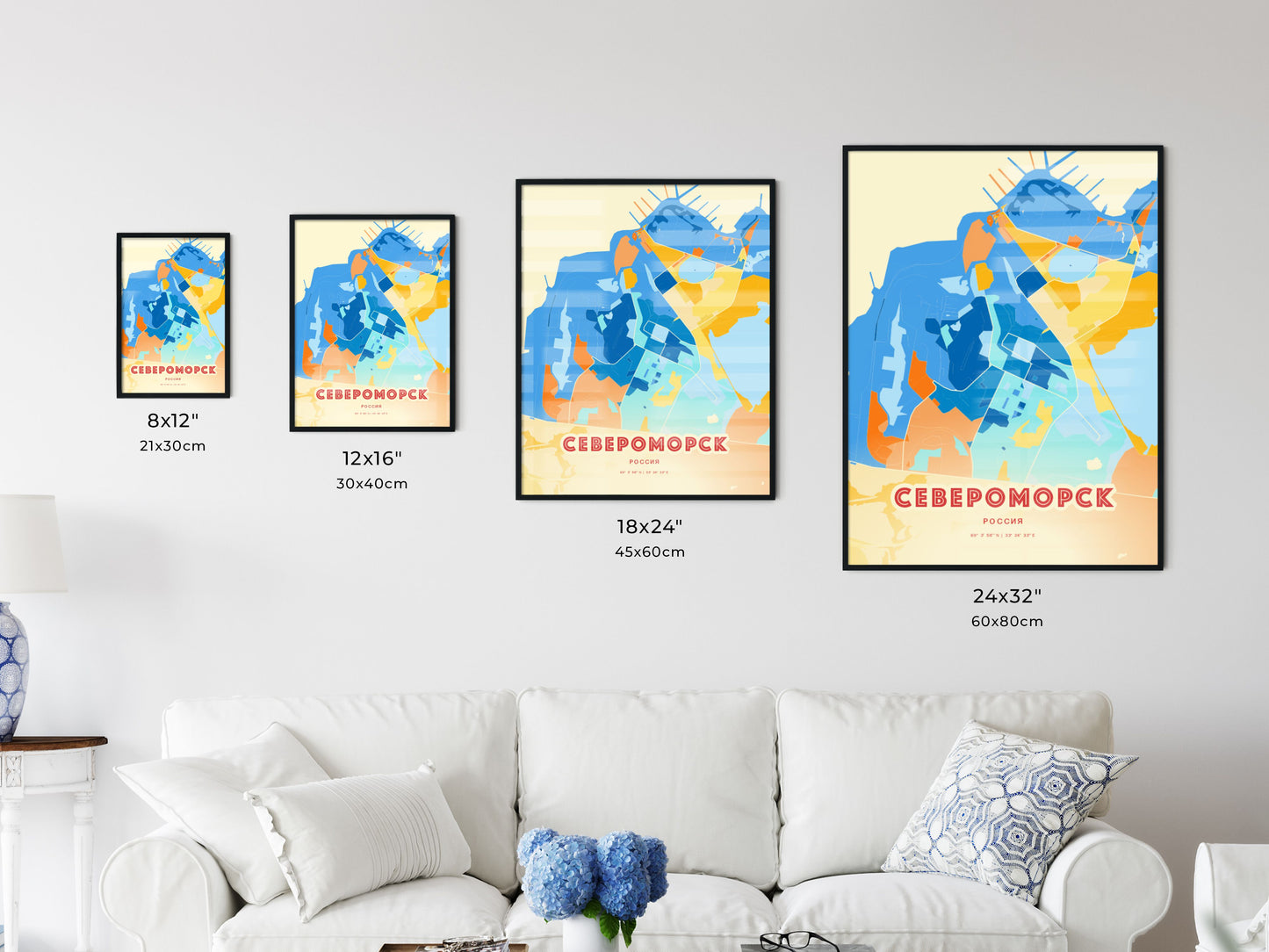 Colorful SEVEROMORSK RUSSIA Fine Art Map Blue Orange