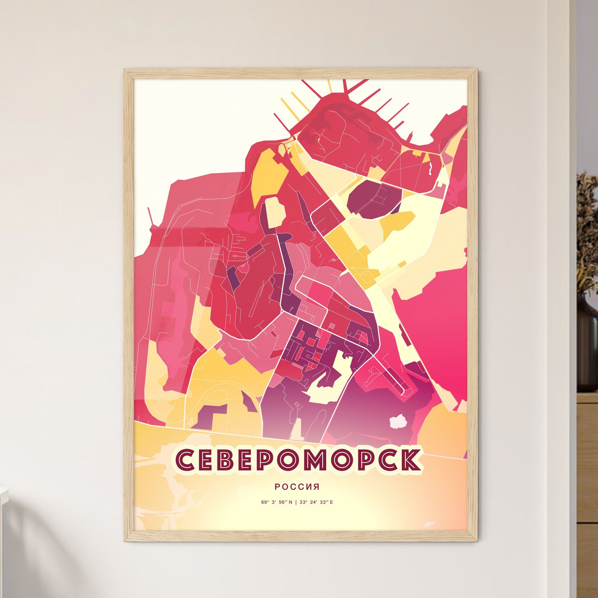 Colorful SEVEROMORSK RUSSIA Fine Art Map Hot Red