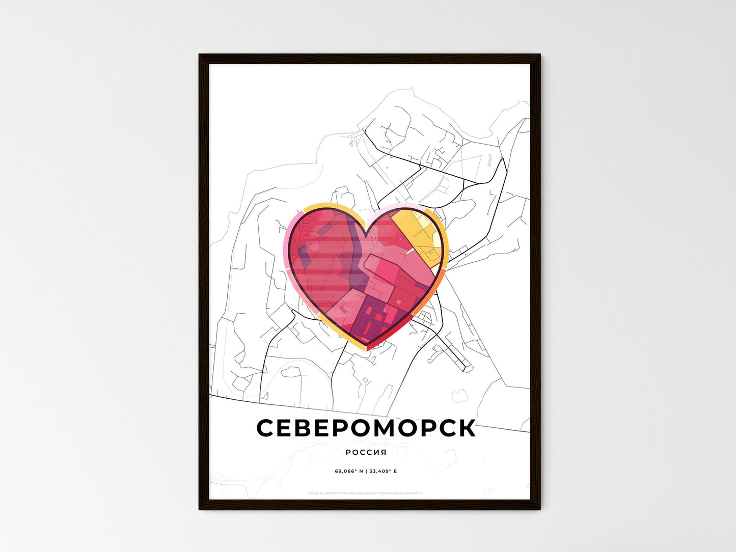 Severomorsk Russia wedding art map with heart icon