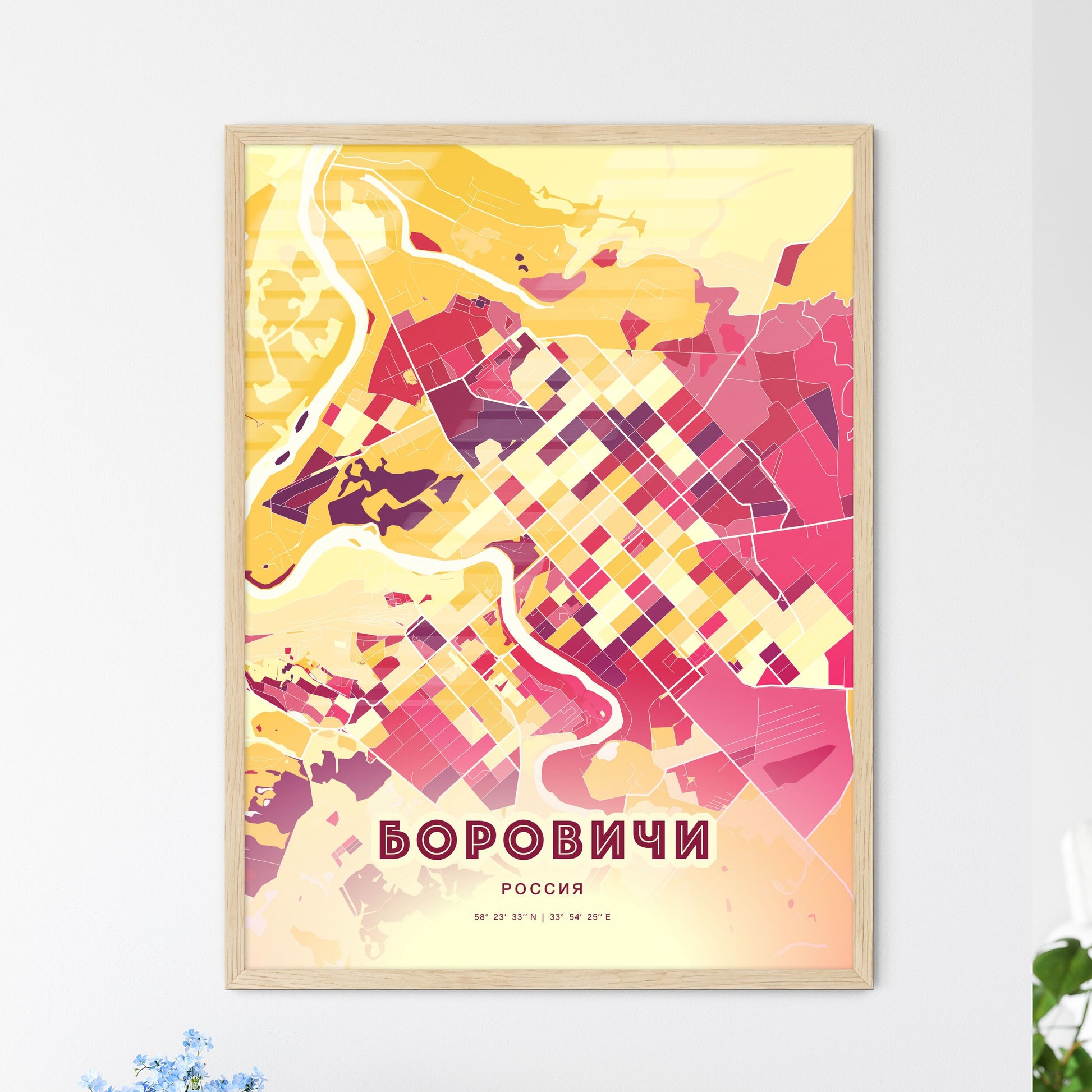 Colorful BOROVICHI RUSSIA Fine Art Map Hot Red