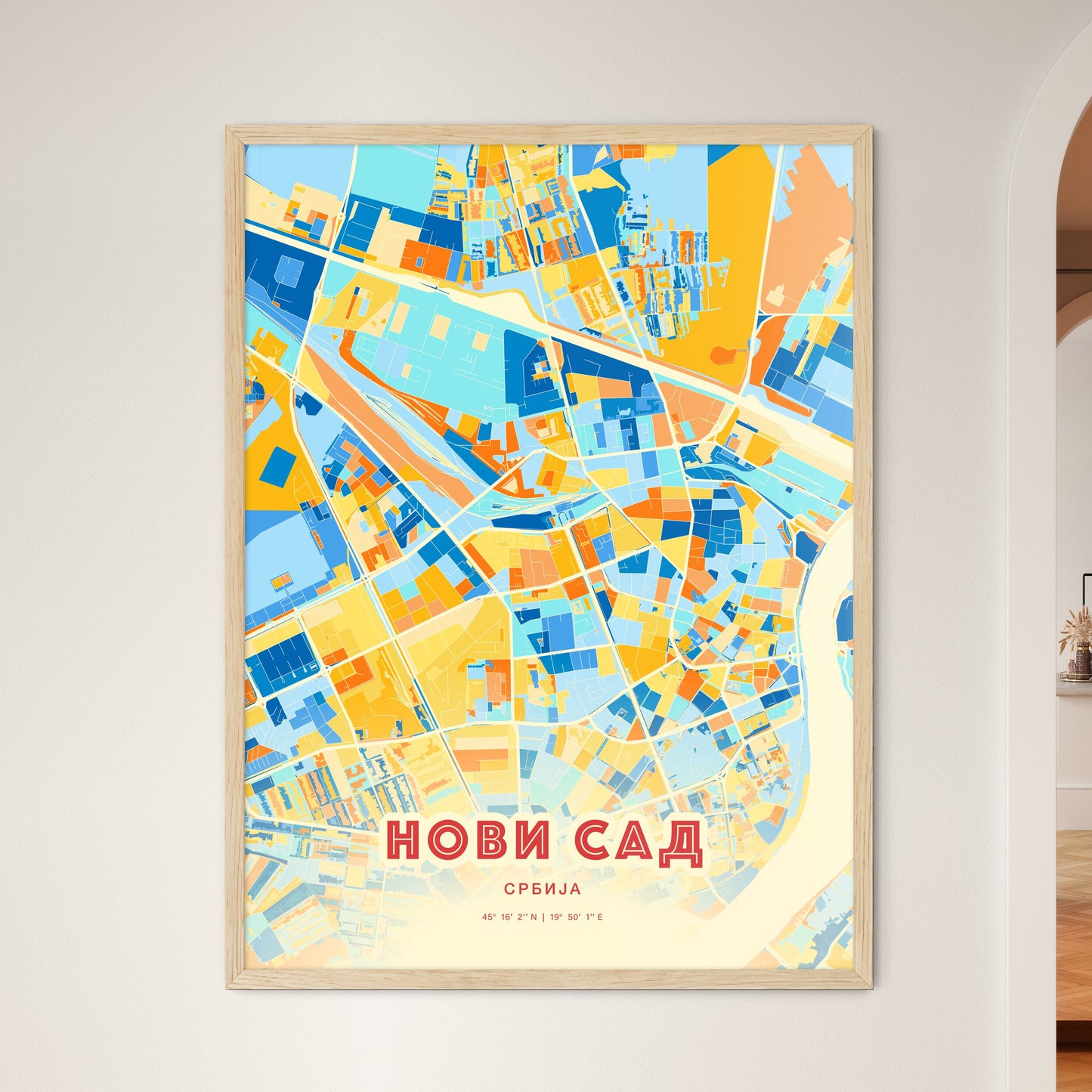 Colorful Novi Sad Serbia Fine Art Map Blue Orange