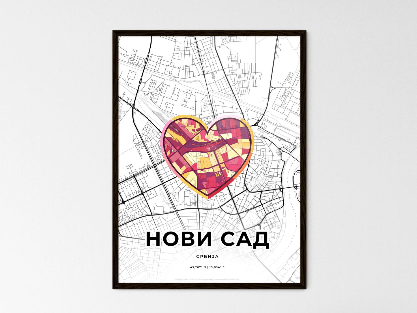 Novi Sad Serbia wedding art map with heart icon
