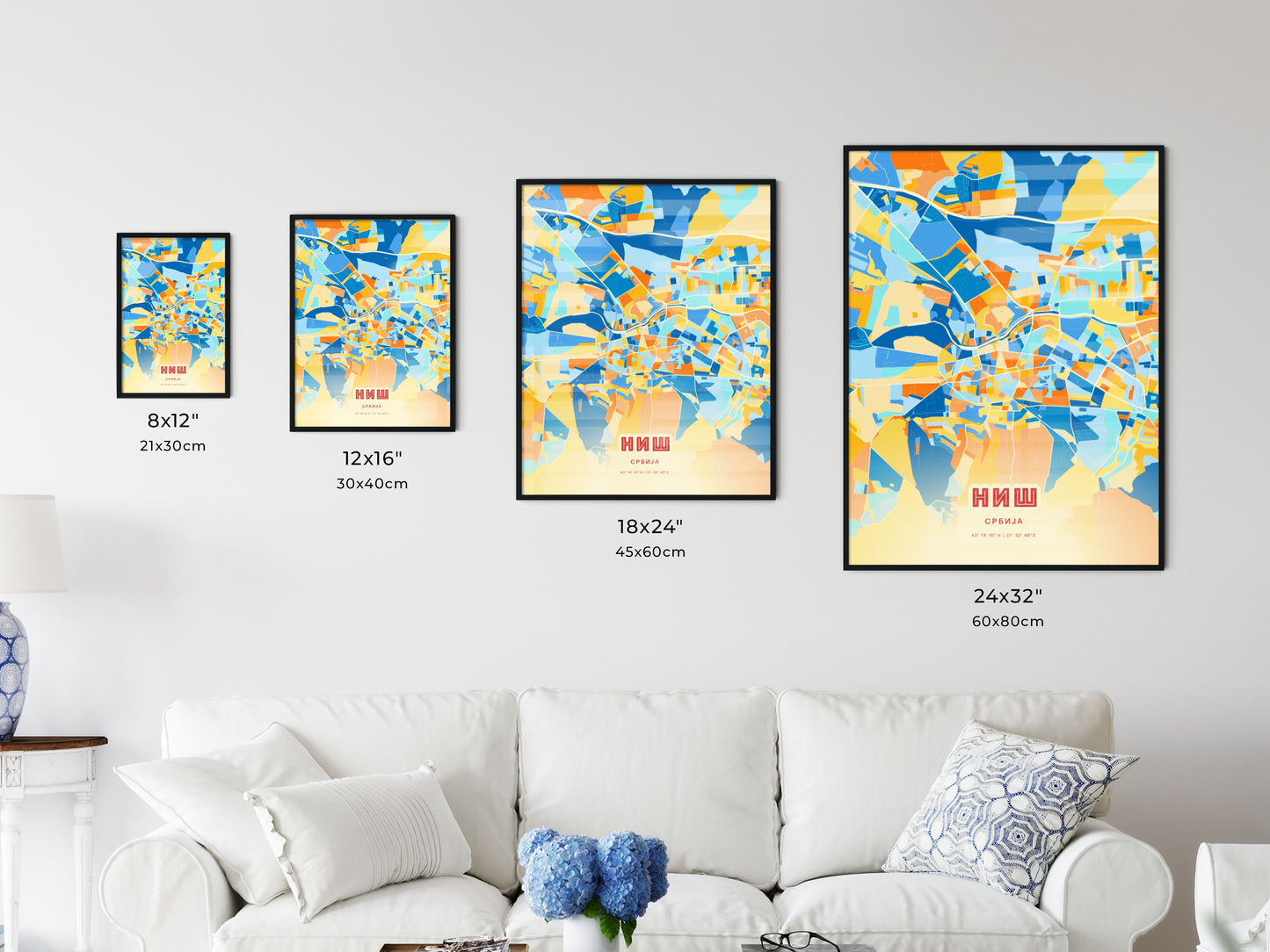 Colorful NIŠ SERBIA Fine Art Map Blue Orange