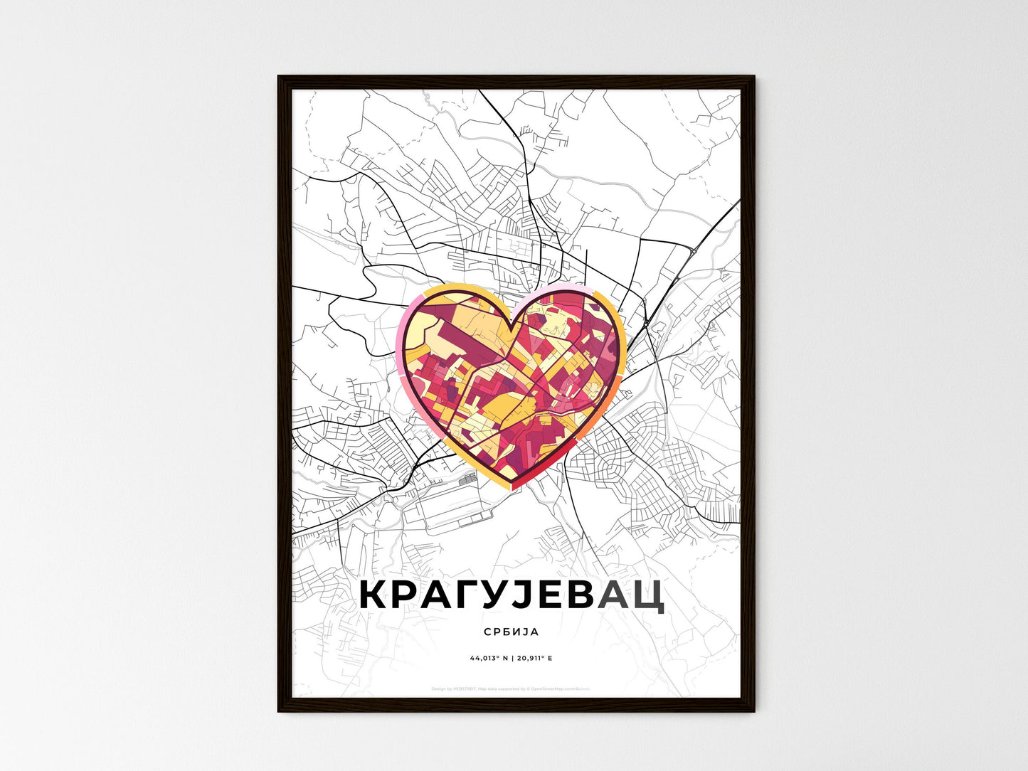 Kragujevac Serbia wedding art map with heart icon