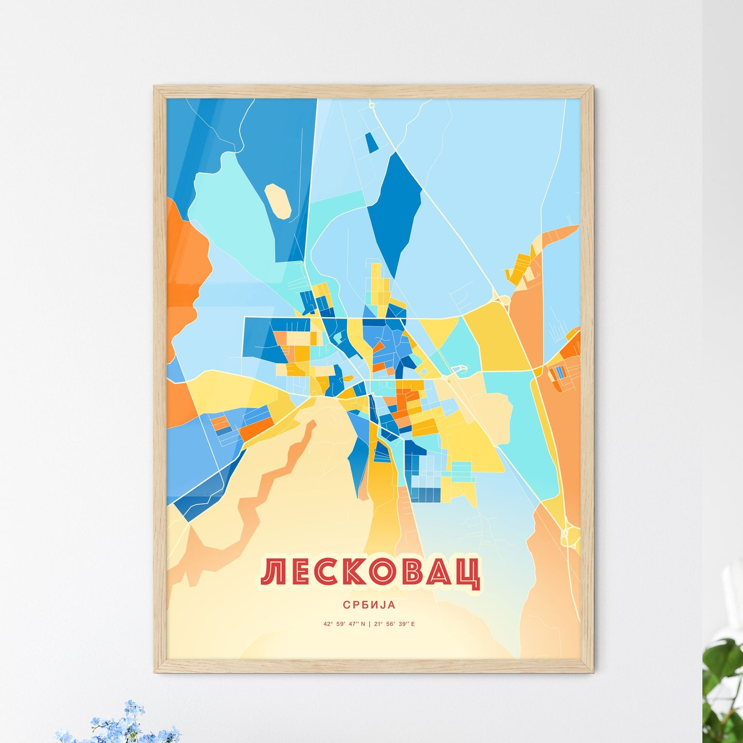 Colorful LESKOVAC SERBIA Fine Art Map Blue Orange