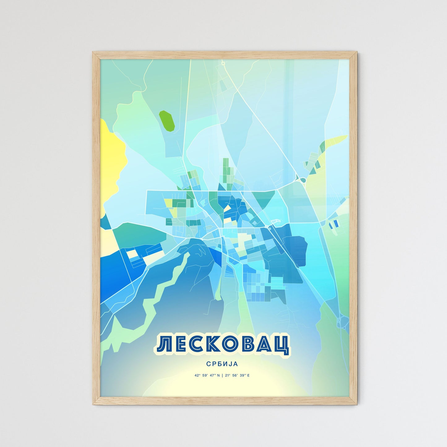 Colorful LESKOVAC SERBIA Fine Art Map Cool Blue