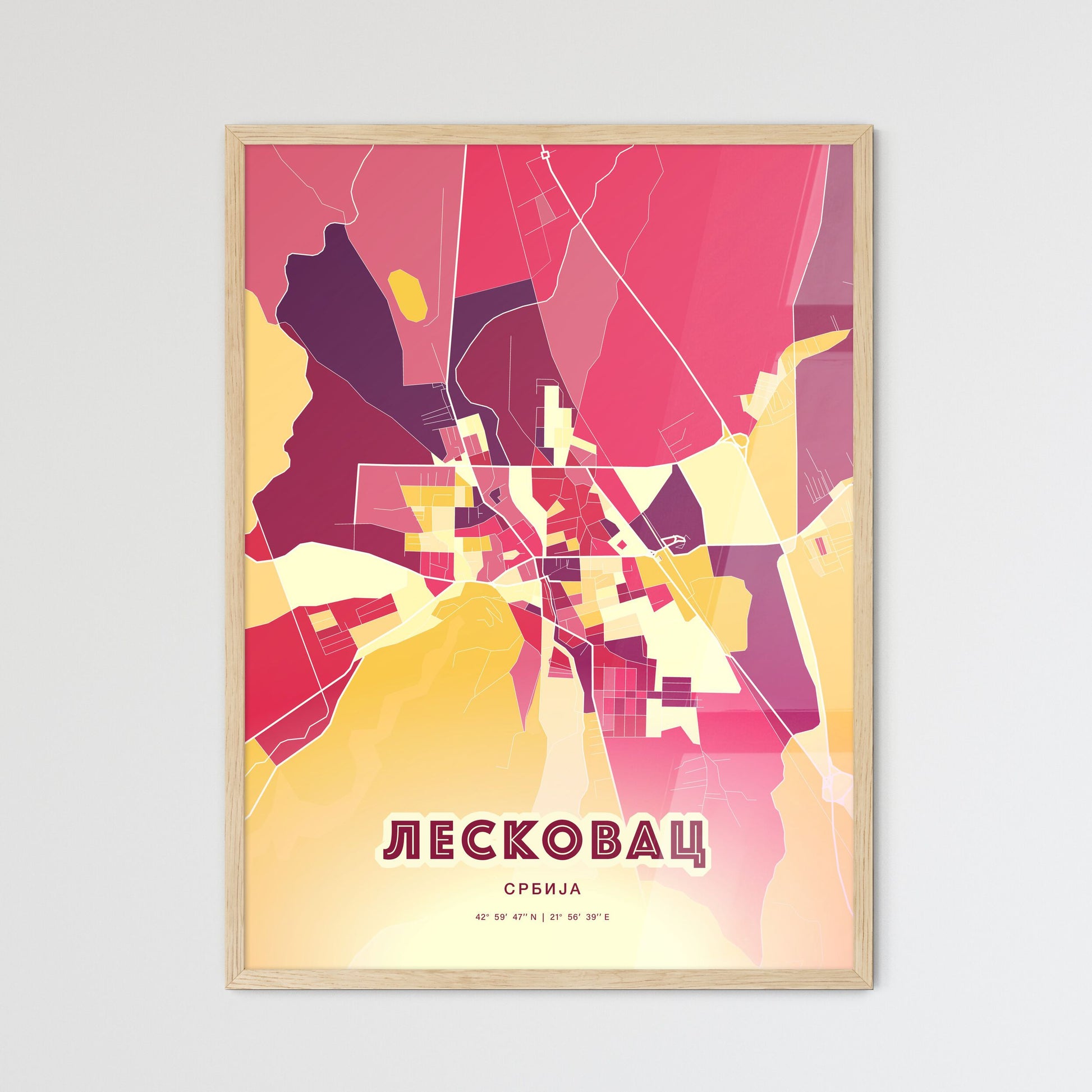 Colorful LESKOVAC SERBIA Fine Art Map Hot Red