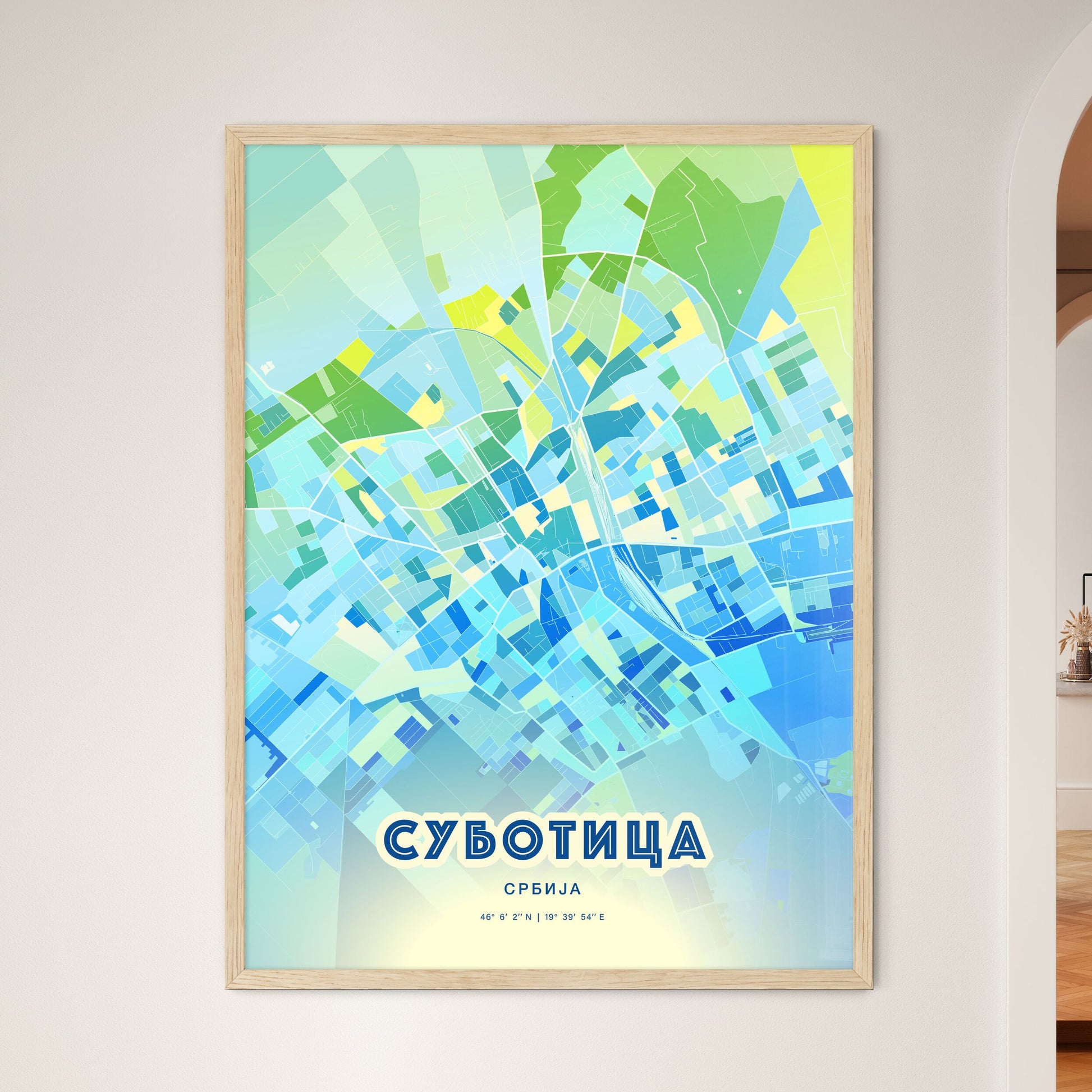 Colorful SUBOTICA SERBIA Fine Art Map Cool Blue