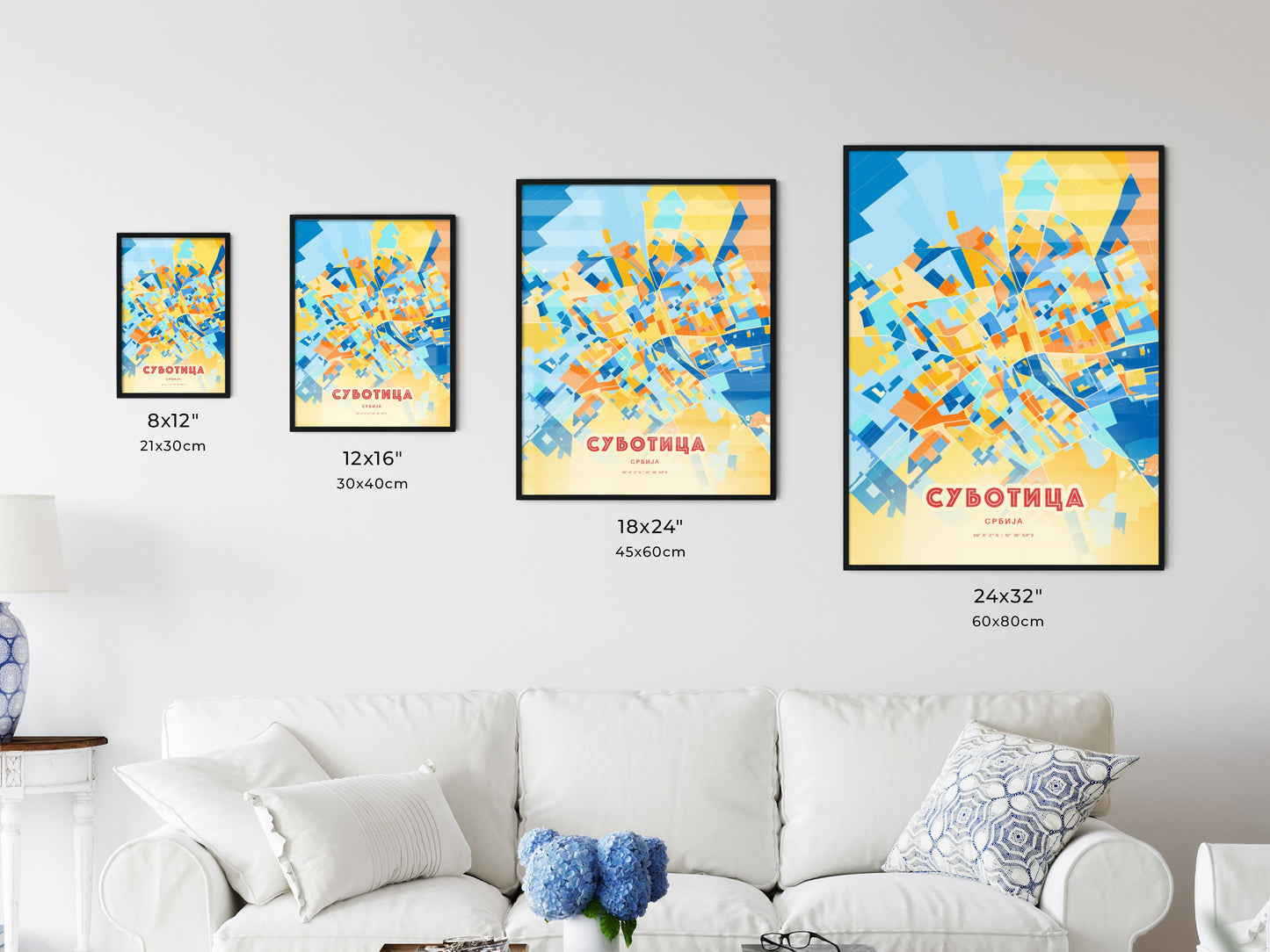 Colorful SUBOTICA SERBIA Fine Art Map Blue Orange