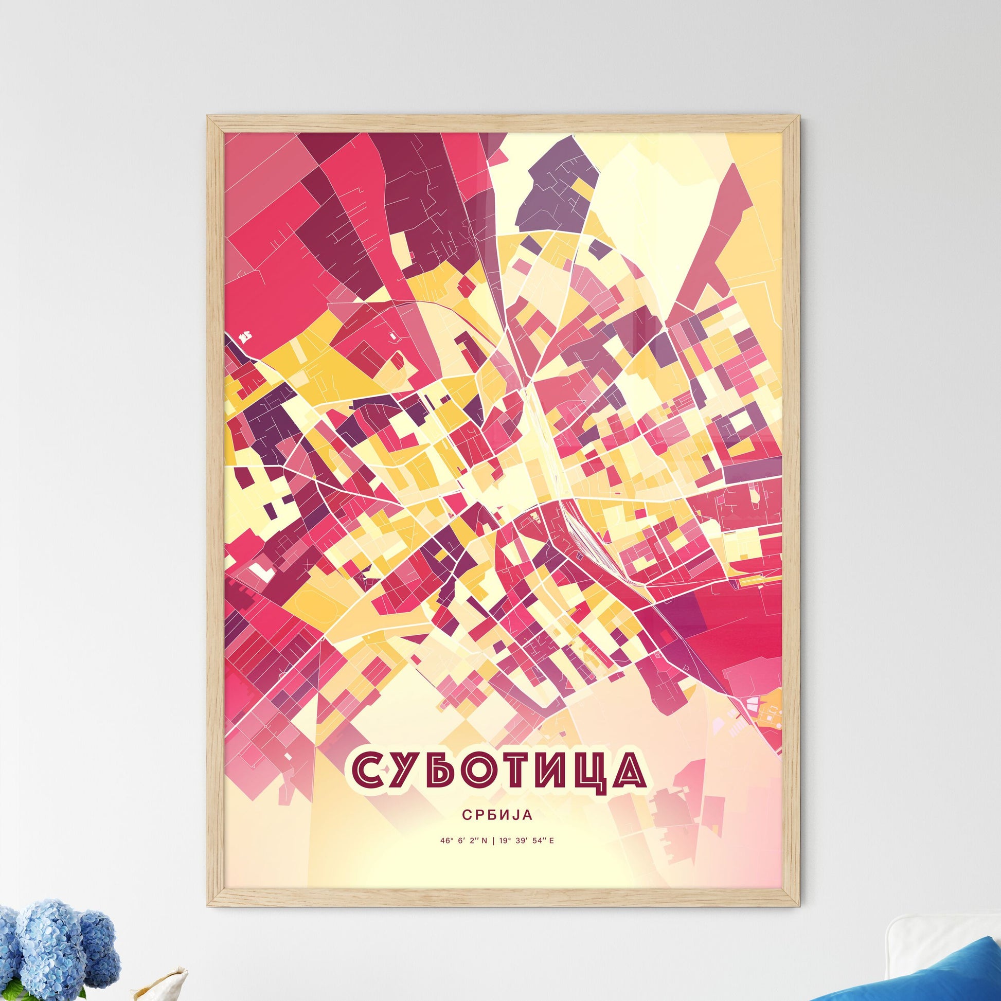 Colorful SUBOTICA SERBIA Fine Art Map Hot Red