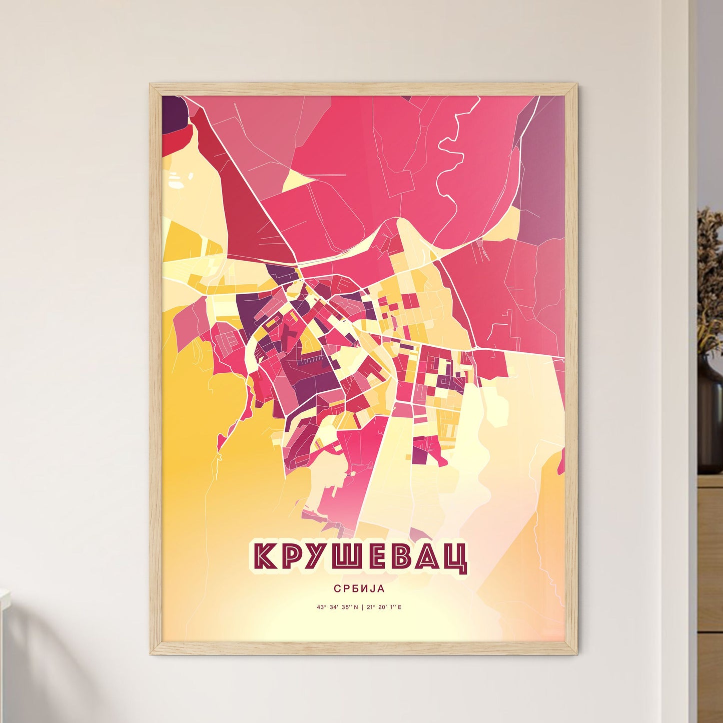 Colorful KRUŠEVAC SERBIA Fine Art Map Hot Red