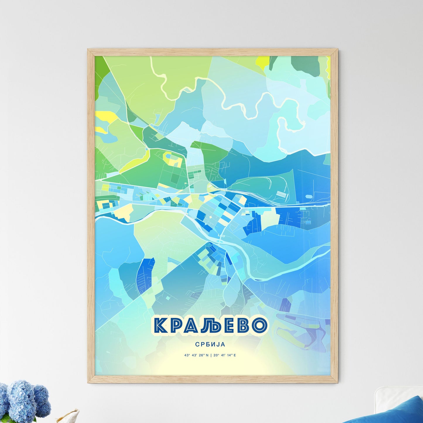 Colorful KRALJEVO SERBIA Fine Art Map Cool Blue