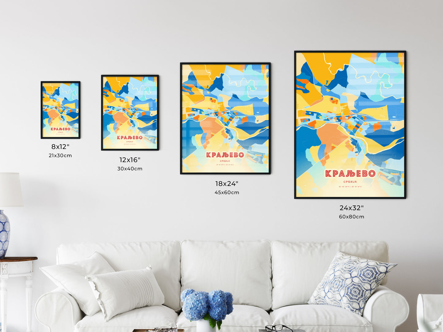 Colorful KRALJEVO SERBIA Fine Art Map Blue Orange