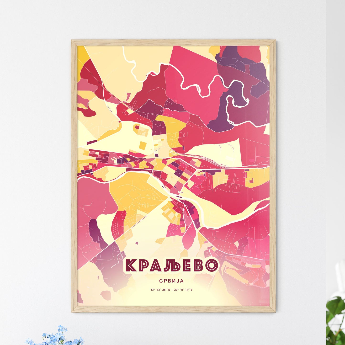 Colorful KRALJEVO SERBIA Fine Art Map Hot Red