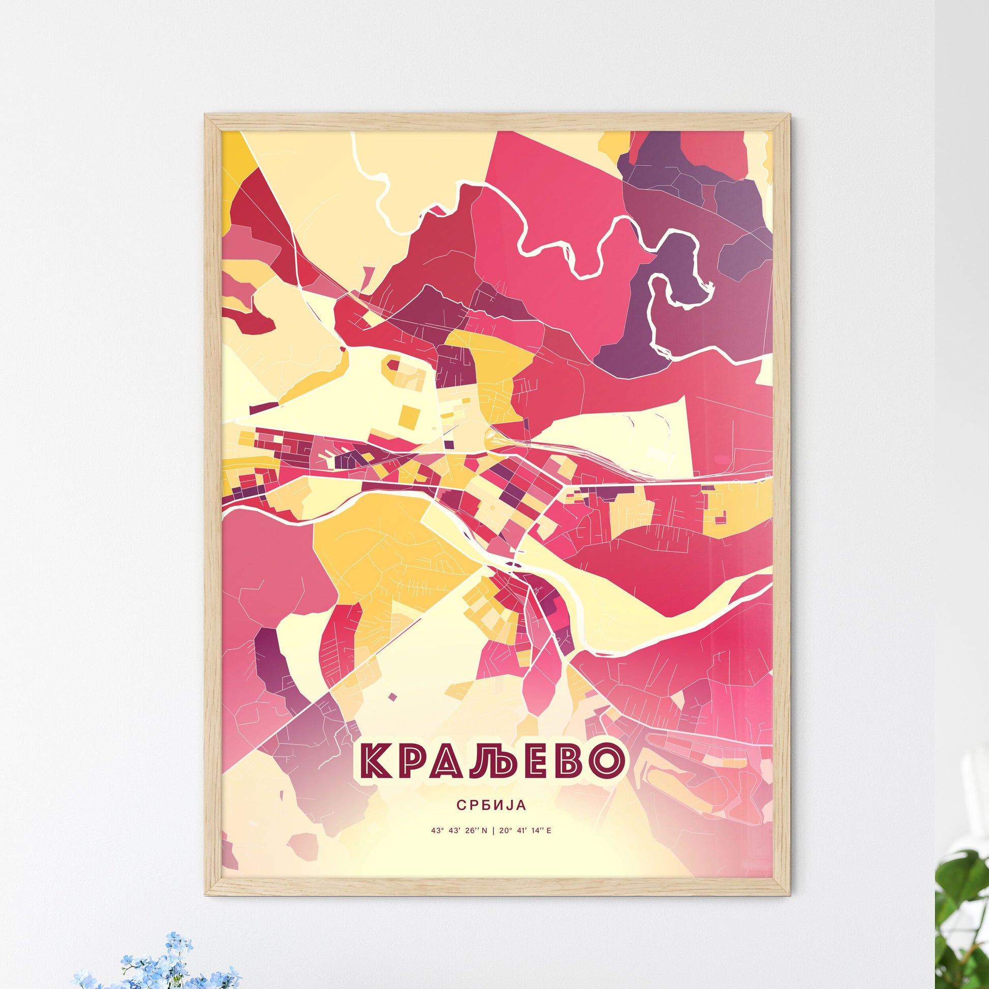 Colorful KRALJEVO SERBIA Fine Art Map Hot Red