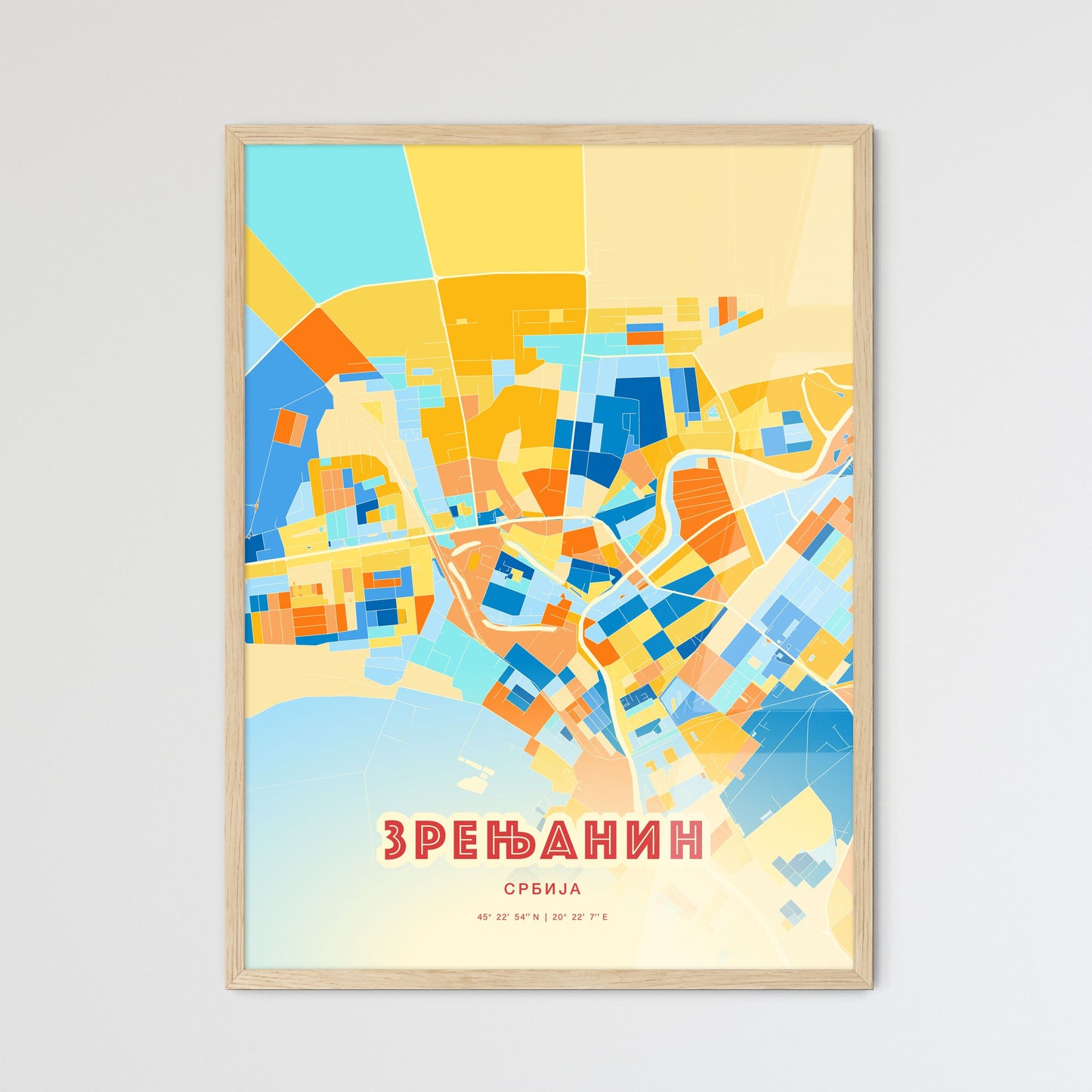 Colorful ZRENJANIN SERBIA Fine Art Map Blue Orange