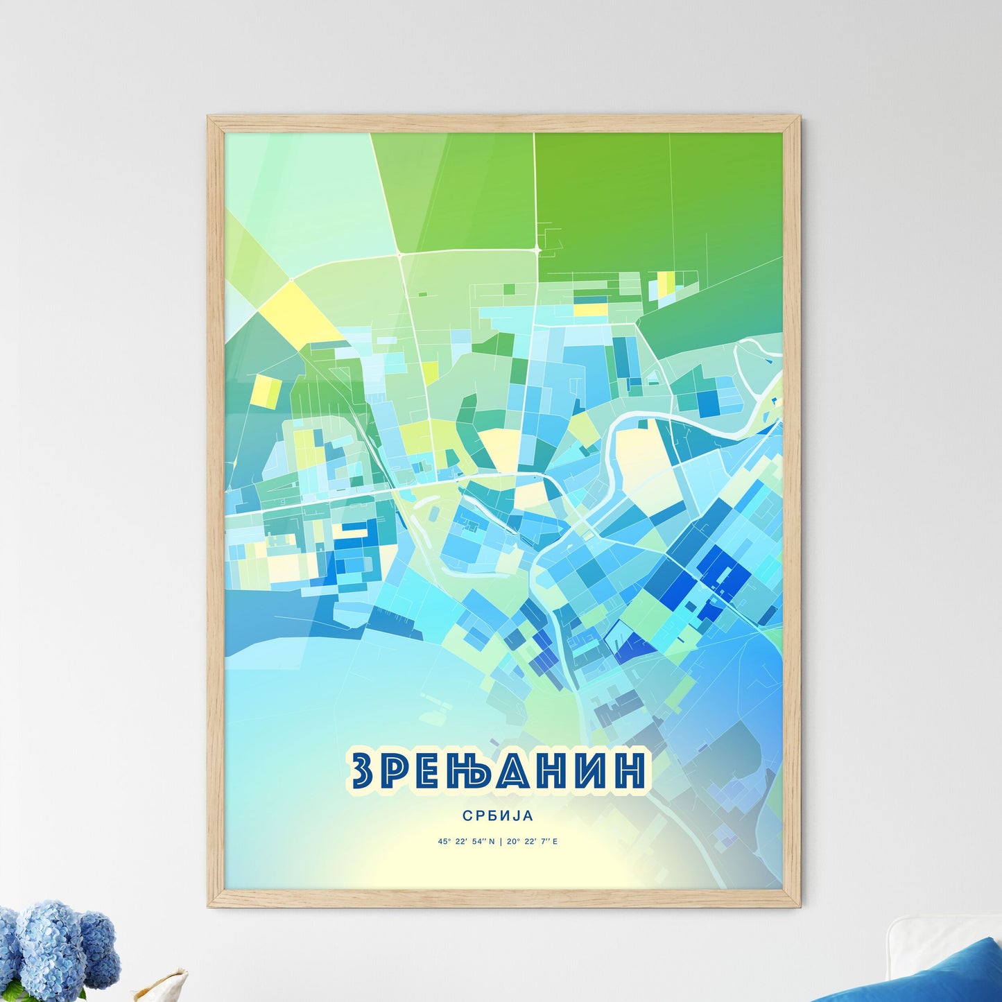 Colorful ZRENJANIN SERBIA Fine Art Map Cool Blue