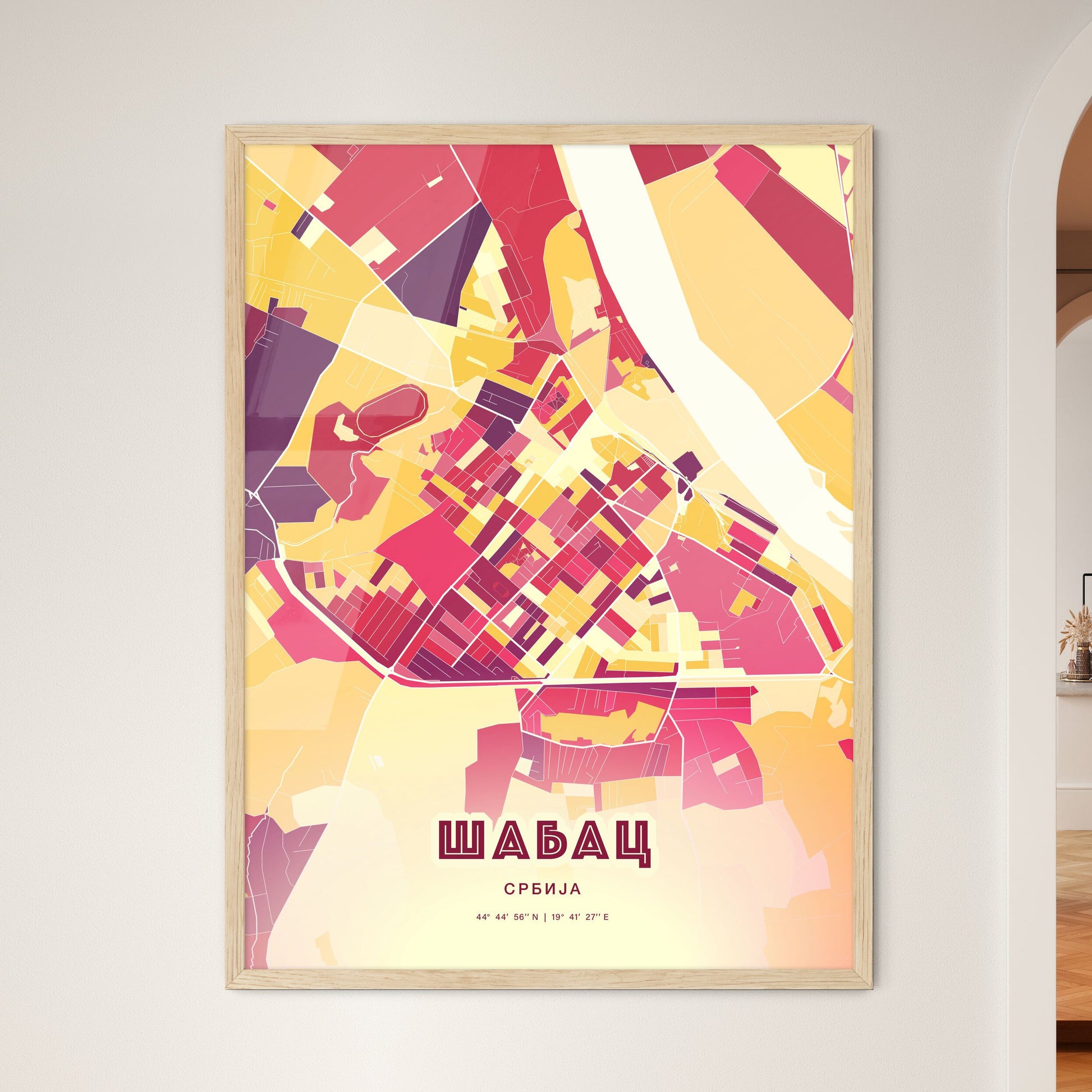 Colorful ŠABAC SERBIA Fine Art Map Hot Red