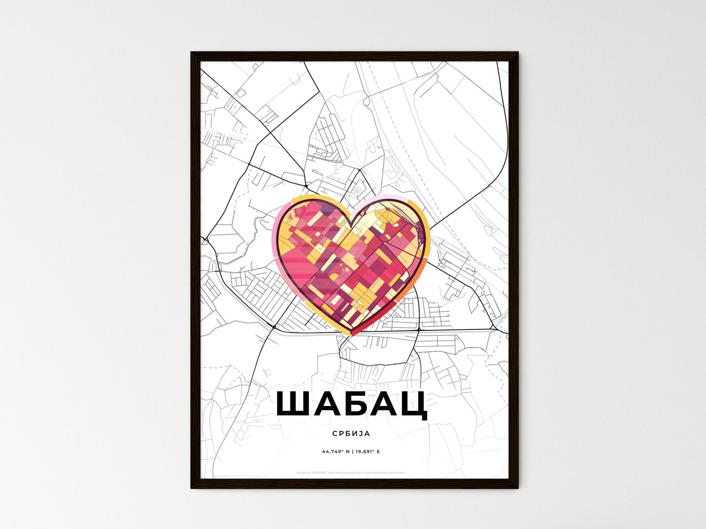 Šabac Serbia wedding art map with heart icon