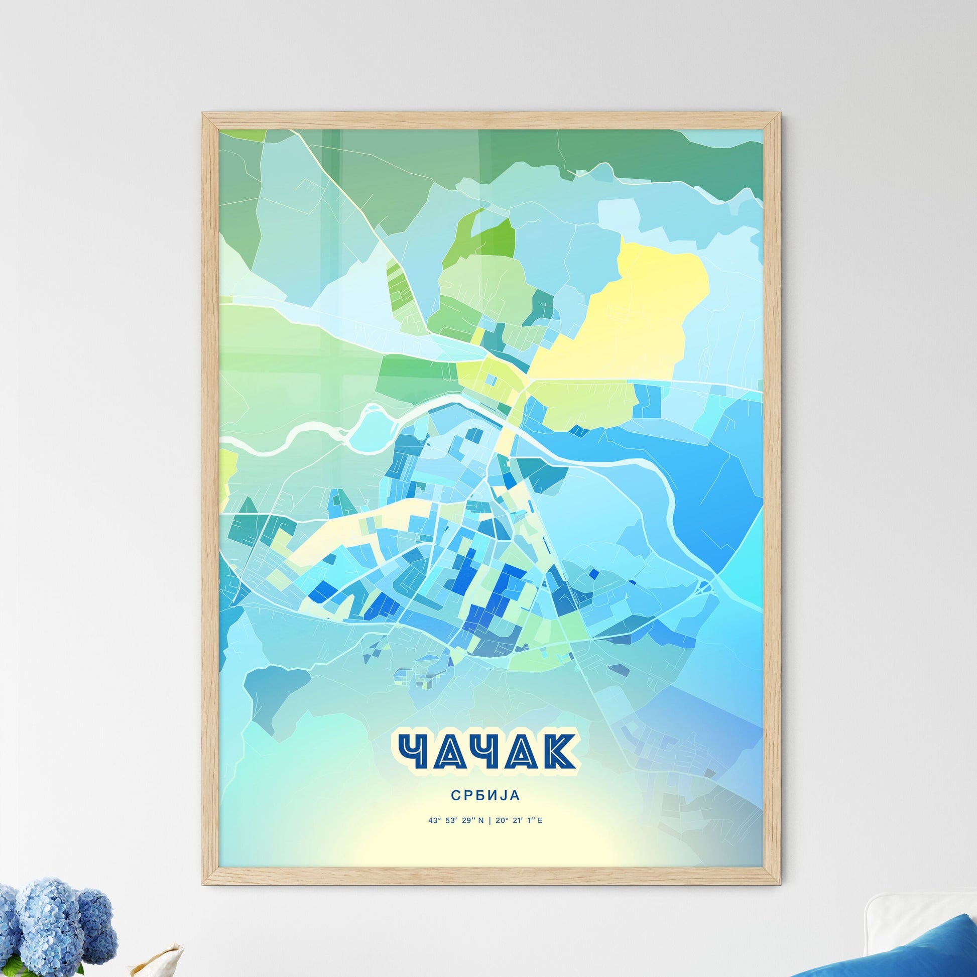 Colorful ČAČAK SERBIA Fine Art Map Cool Blue