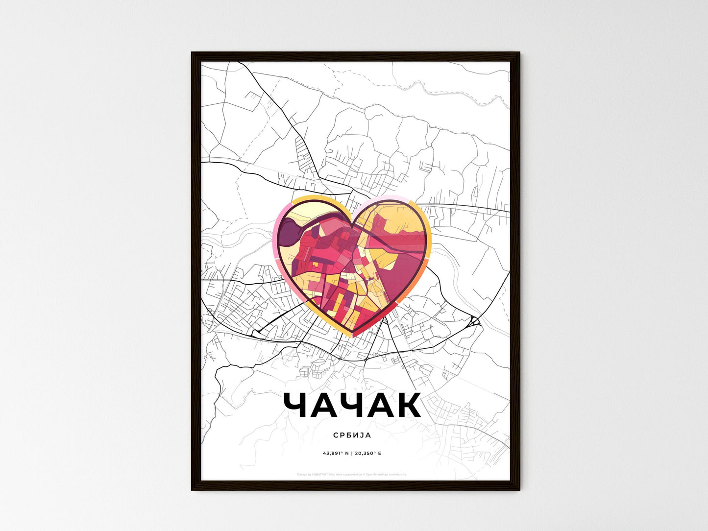 Čačak Serbia wedding art map with heart icon