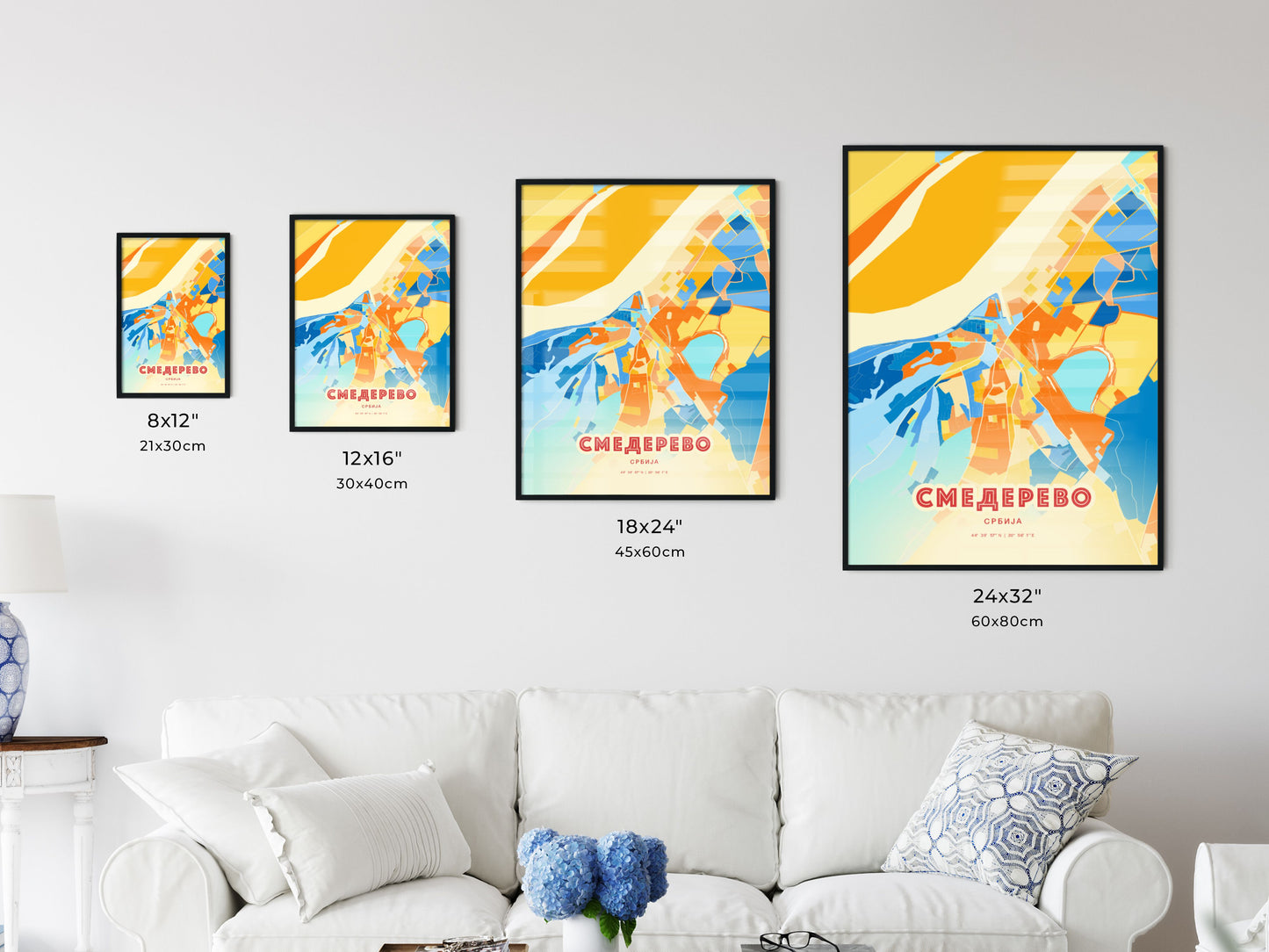 Colorful SMEDEREVO SERBIA Fine Art Map Blue Orange