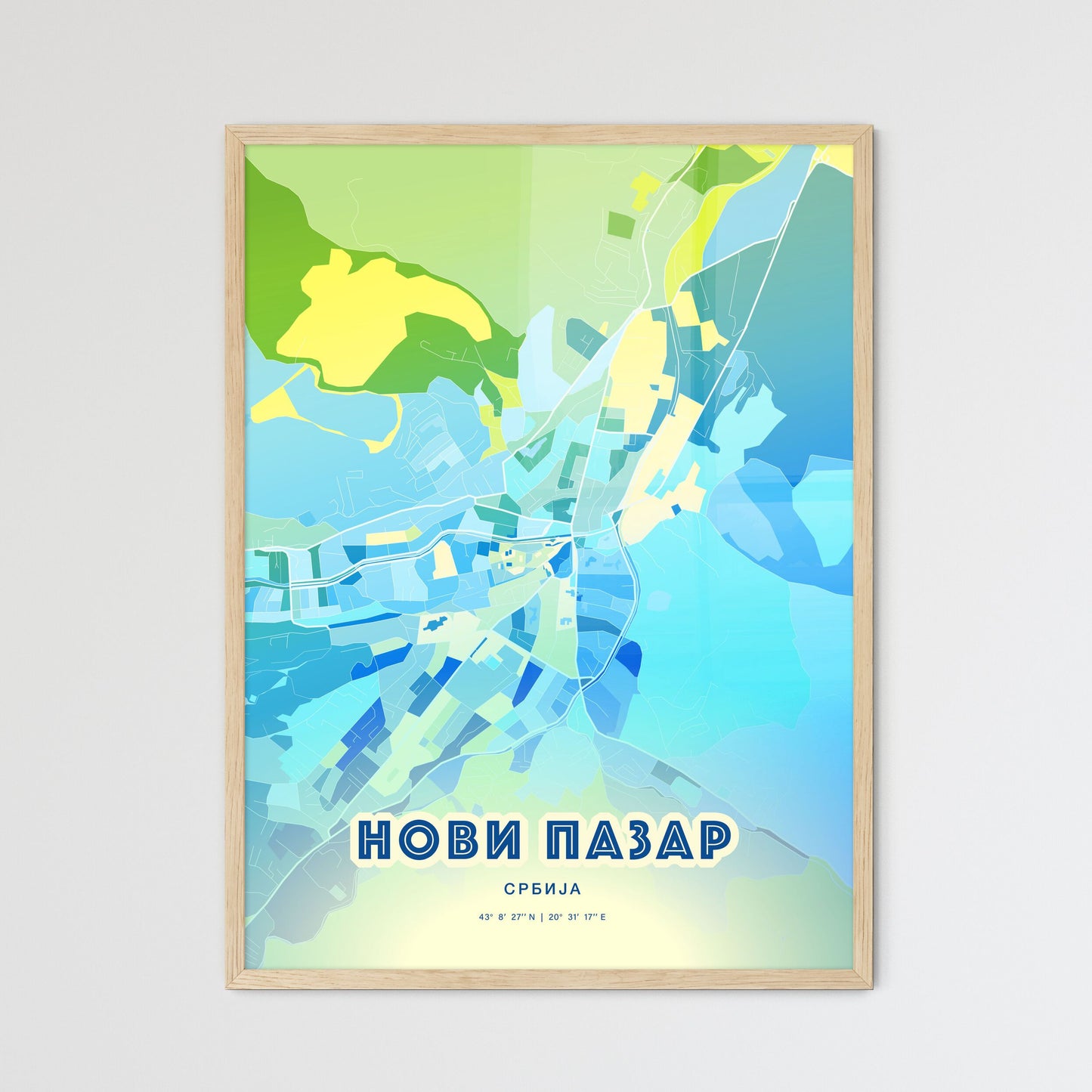 Colorful NOVI PAZAR SERBIA Fine Art Map Cool Blue