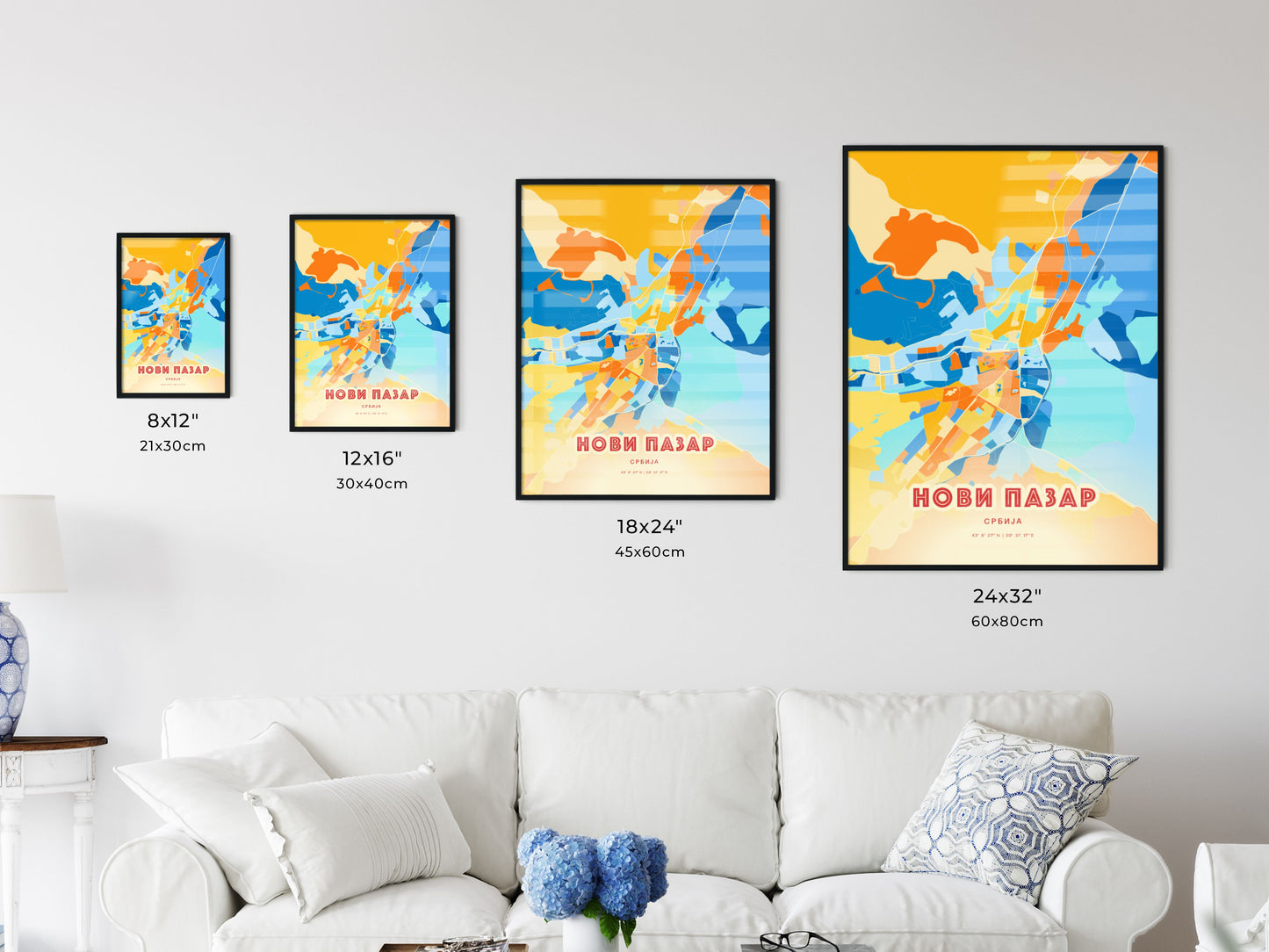 Colorful NOVI PAZAR SERBIA Fine Art Map Blue Orange