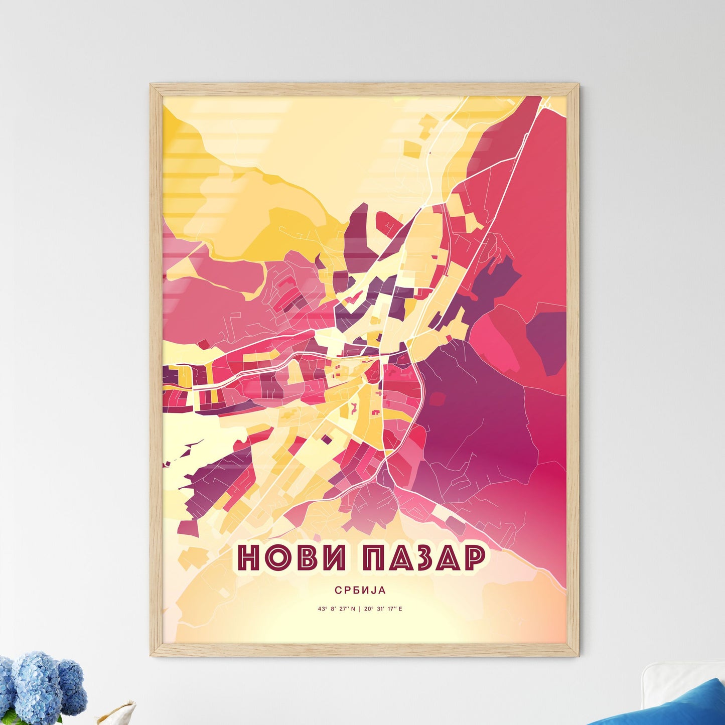 Colorful NOVI PAZAR SERBIA Fine Art Map Hot Red