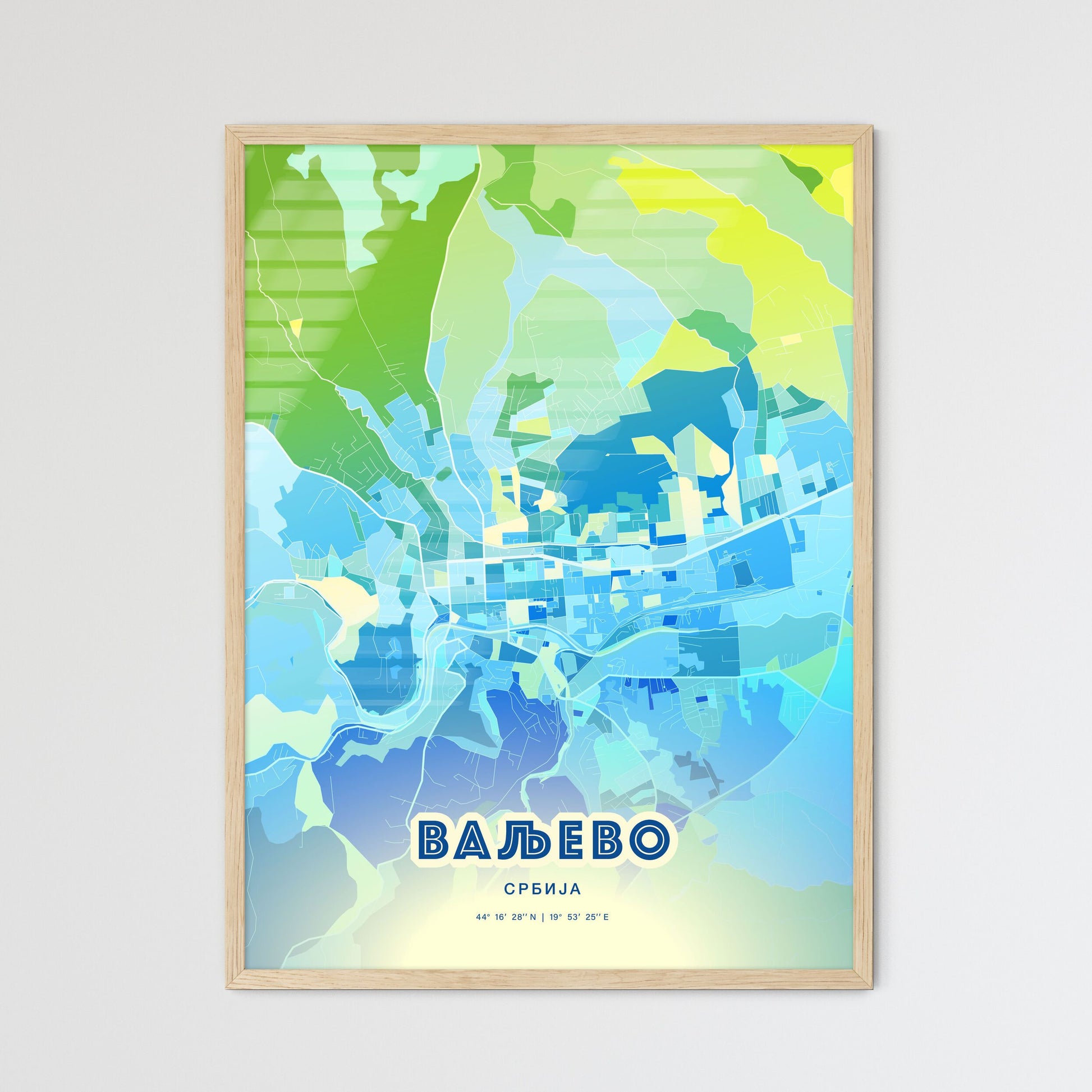 Colorful VALJEVO SERBIA Fine Art Map Cool Blue