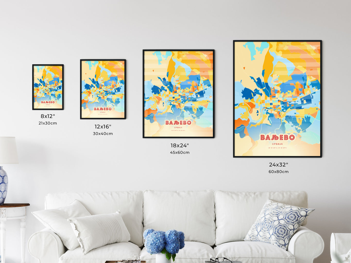 Colorful VALJEVO SERBIA Fine Art Map Blue Orange