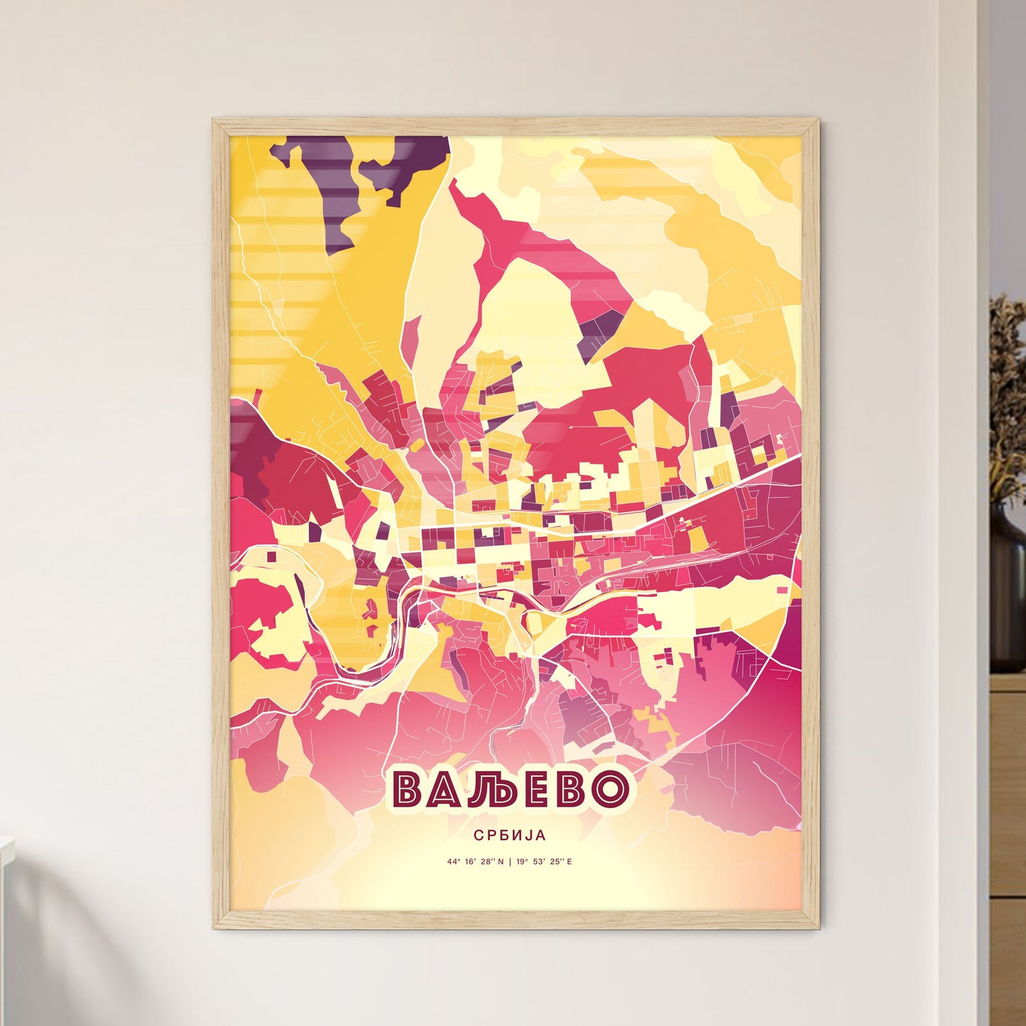 Colorful VALJEVO SERBIA Fine Art Map Hot Red