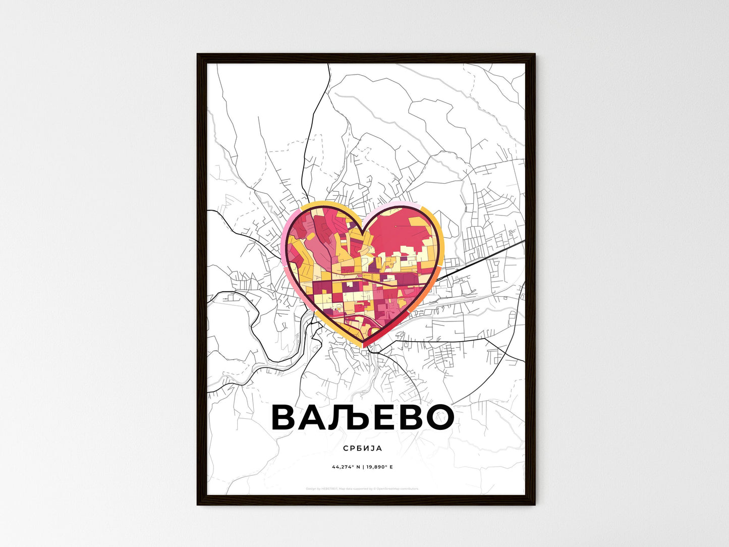 Valjevo Serbia wedding art map with heart icon