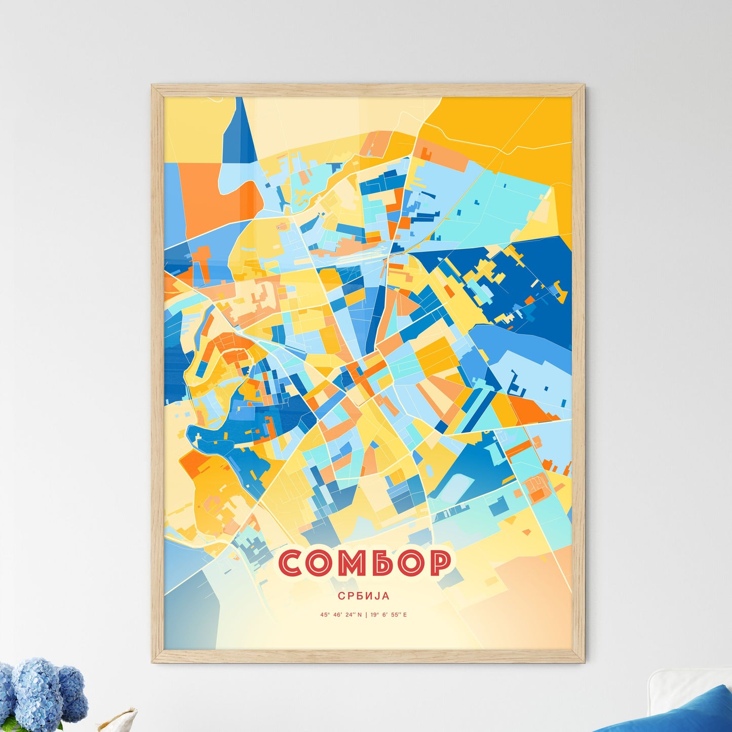 Colorful SOMBOR SERBIA Fine Art Map Blue Orange