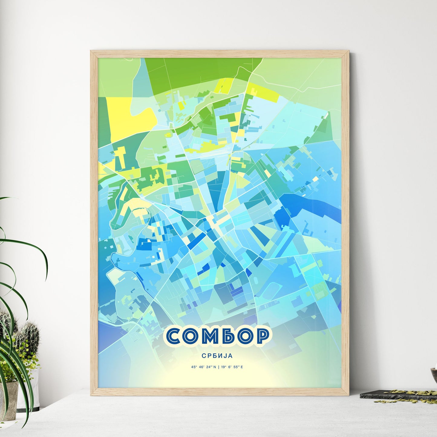 Colorful SOMBOR SERBIA Fine Art Map Cool Blue