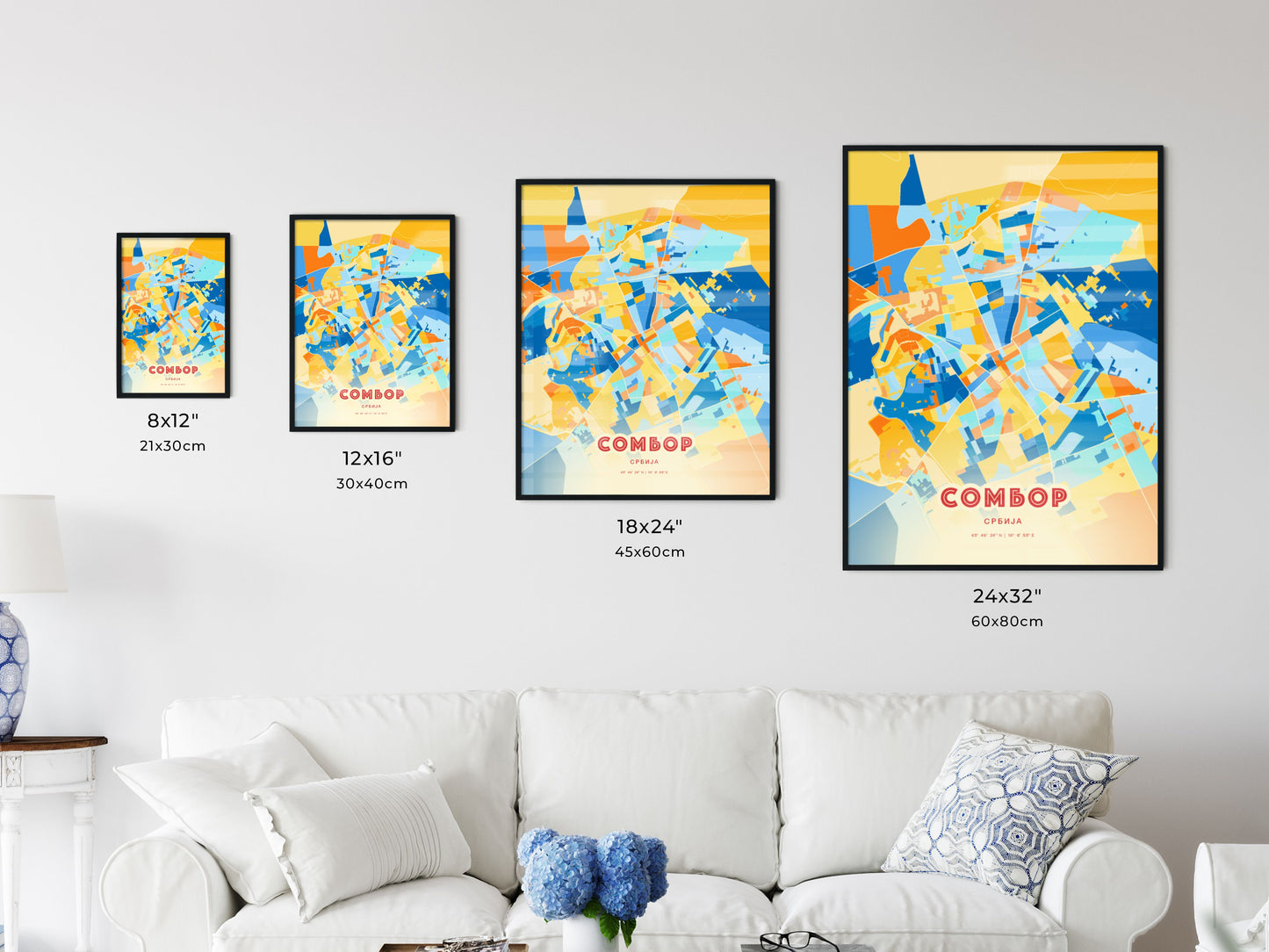 Colorful SOMBOR SERBIA Fine Art Map Blue Orange