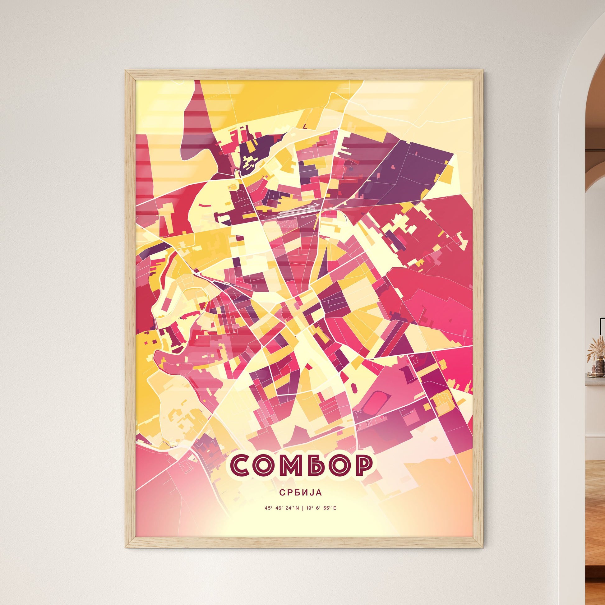 Colorful SOMBOR SERBIA Fine Art Map Hot Red