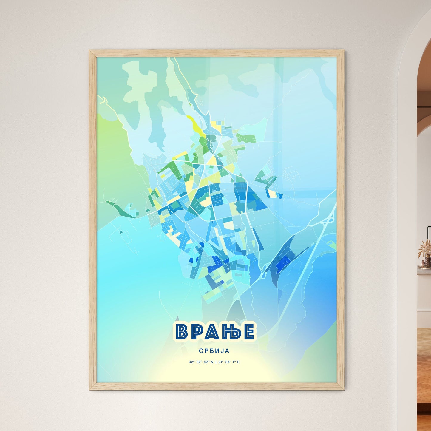 Colorful VRANJE SERBIA Fine Art Map Cool Blue