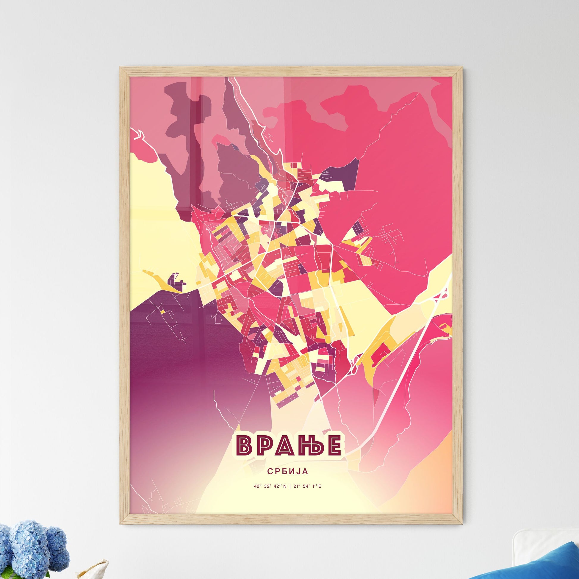 Colorful VRANJE SERBIA Fine Art Map Hot Red